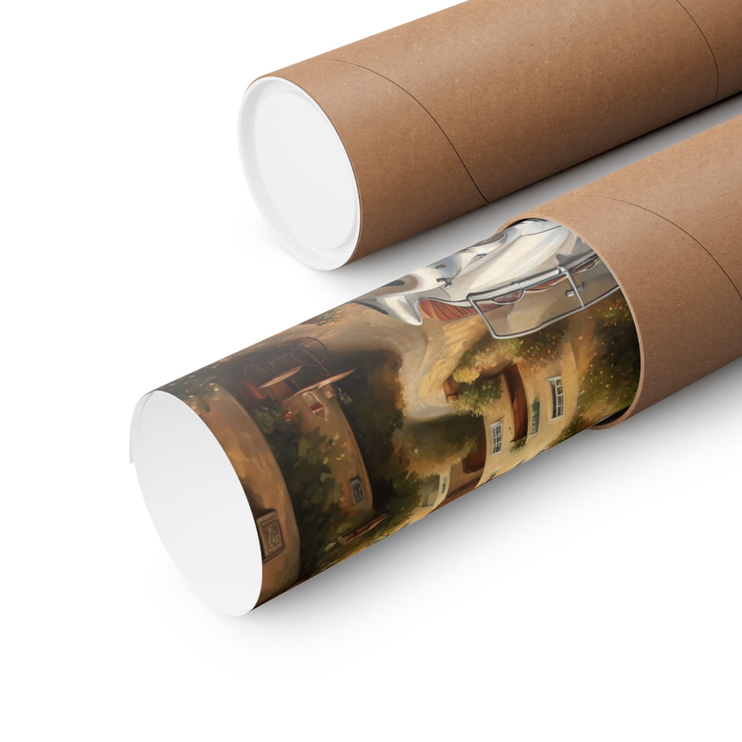 Vintage car poster wall art rolled in a protective cardboard tube for easy storage and shipping