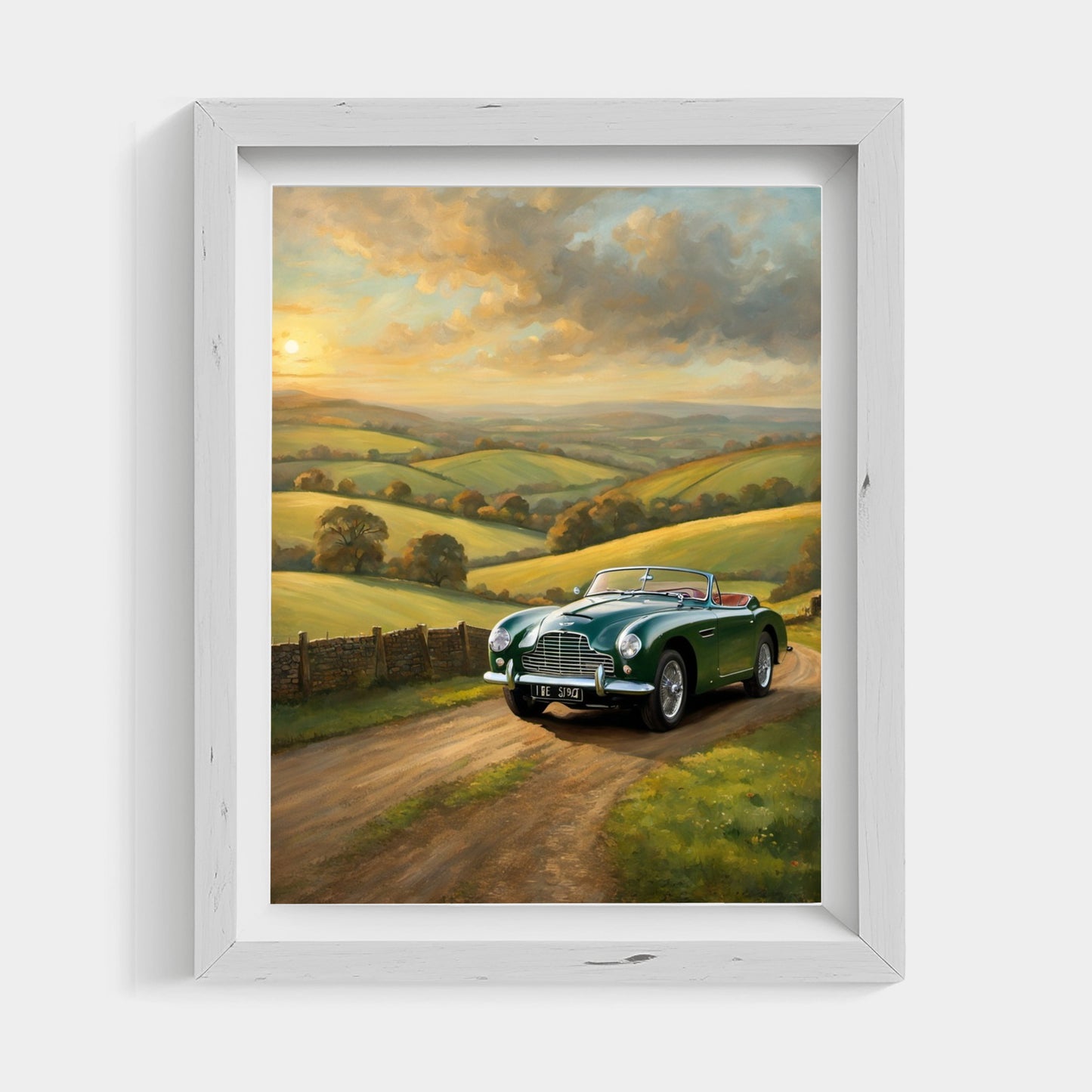 Vintage car sunset artwork showing a classic green convertible driving on a countryside road at sunset