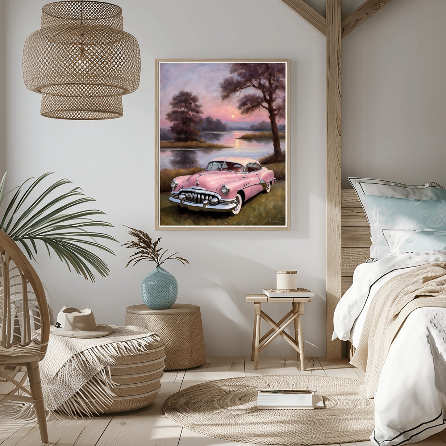 AquilVision vintage car wall art featuring a pink classic car at sunset in a stylish cozy bedroom