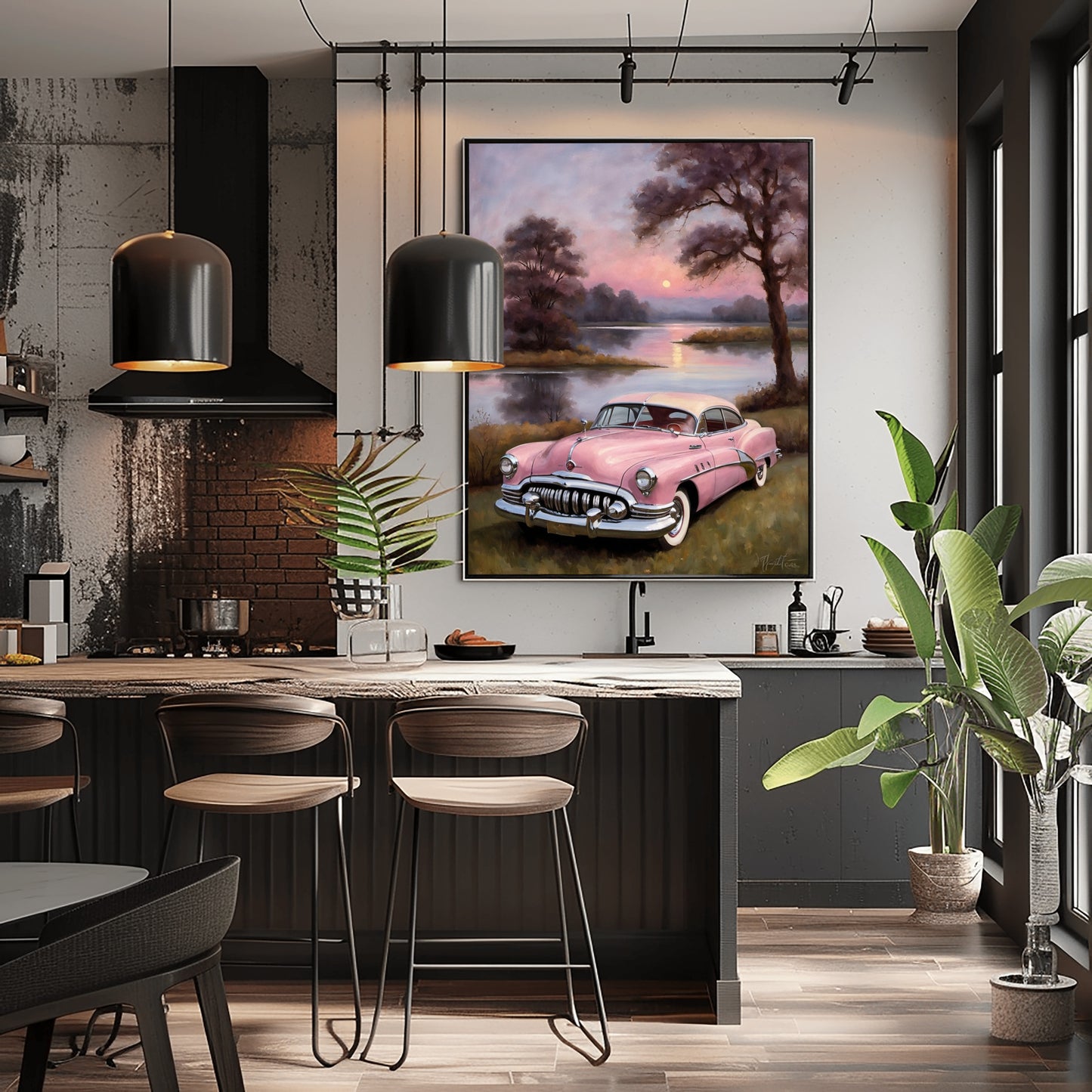 Vintage car wall art featuring a pink classic car by a serene lakeside in a modern kitchen