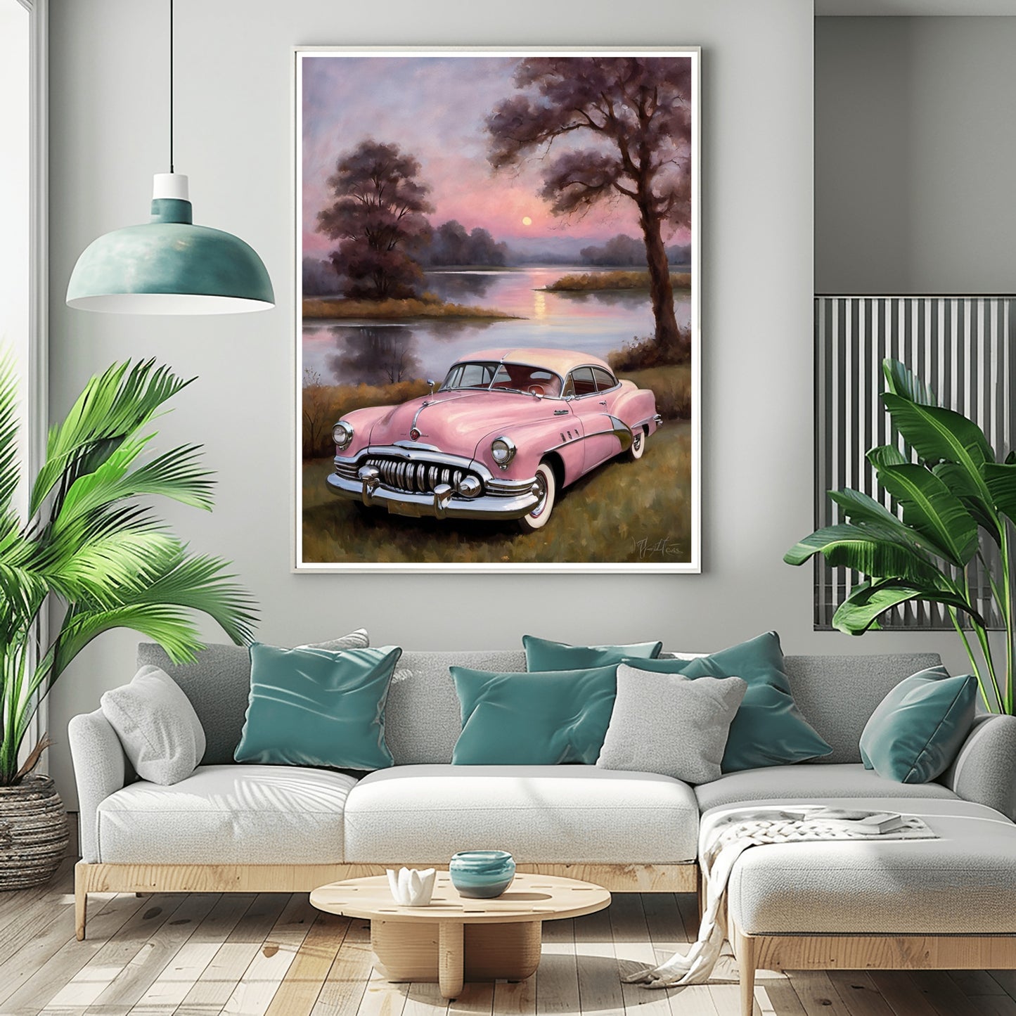 vintage car wall art featuring a pink classic car by a peaceful lake at sunset hanging above a modern living room sofa