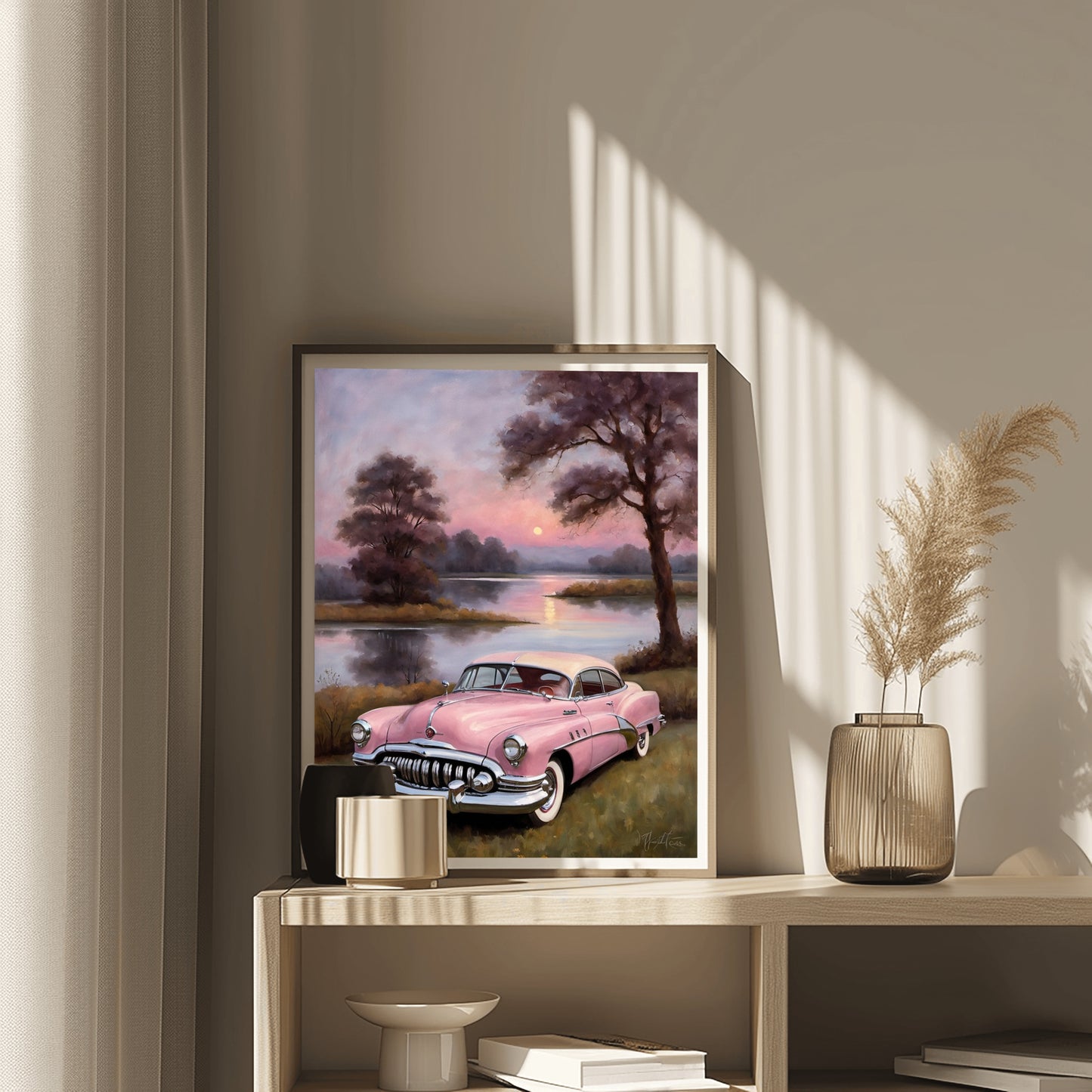 AquilVision digital vintage car wall art featuring a pink classic car by a lakeside at sunset with trees
