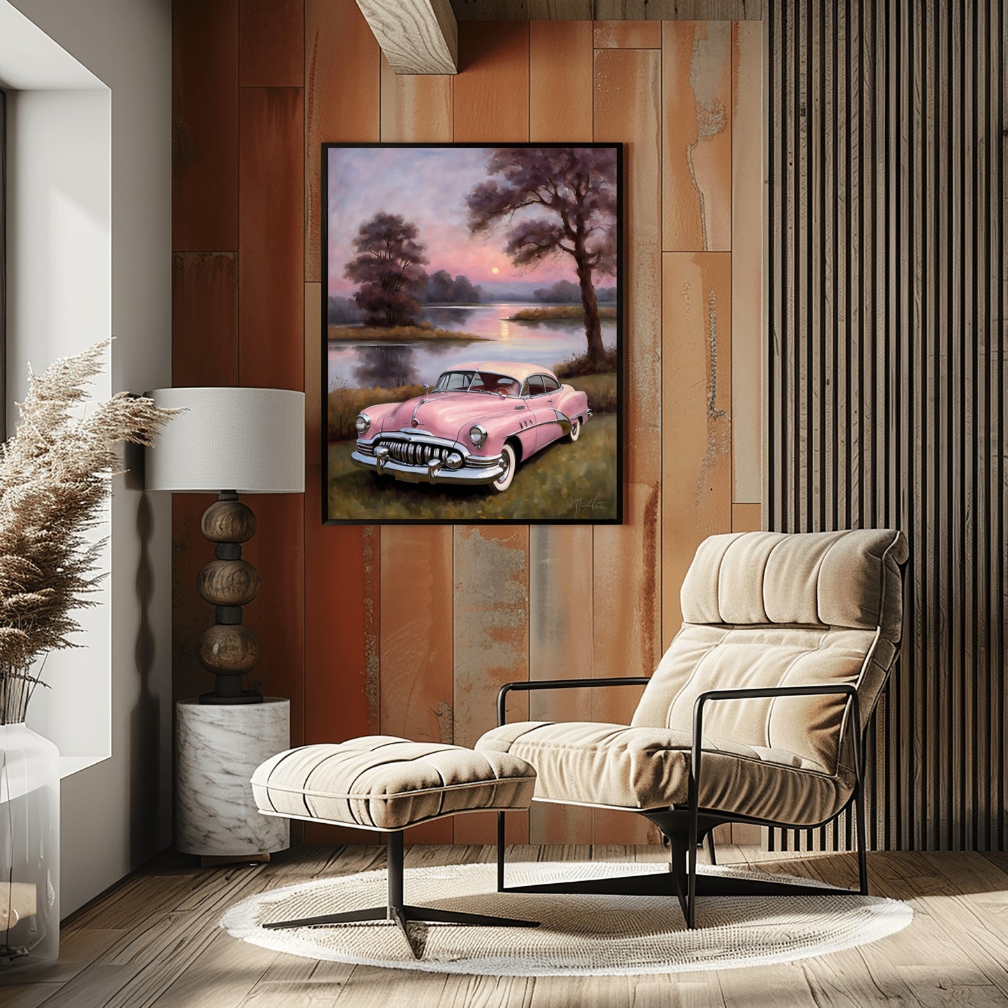 Vintage car wall art featuring a pink classic car by a lake at sunset in a modern living room