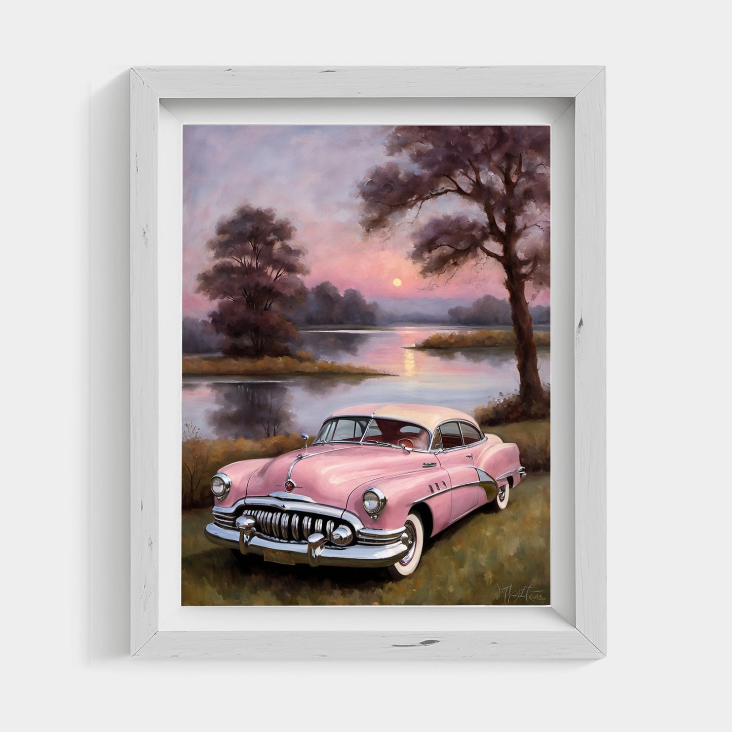 Vintage pink car near lake at sunset in framed vintage car wall art by AquilVision