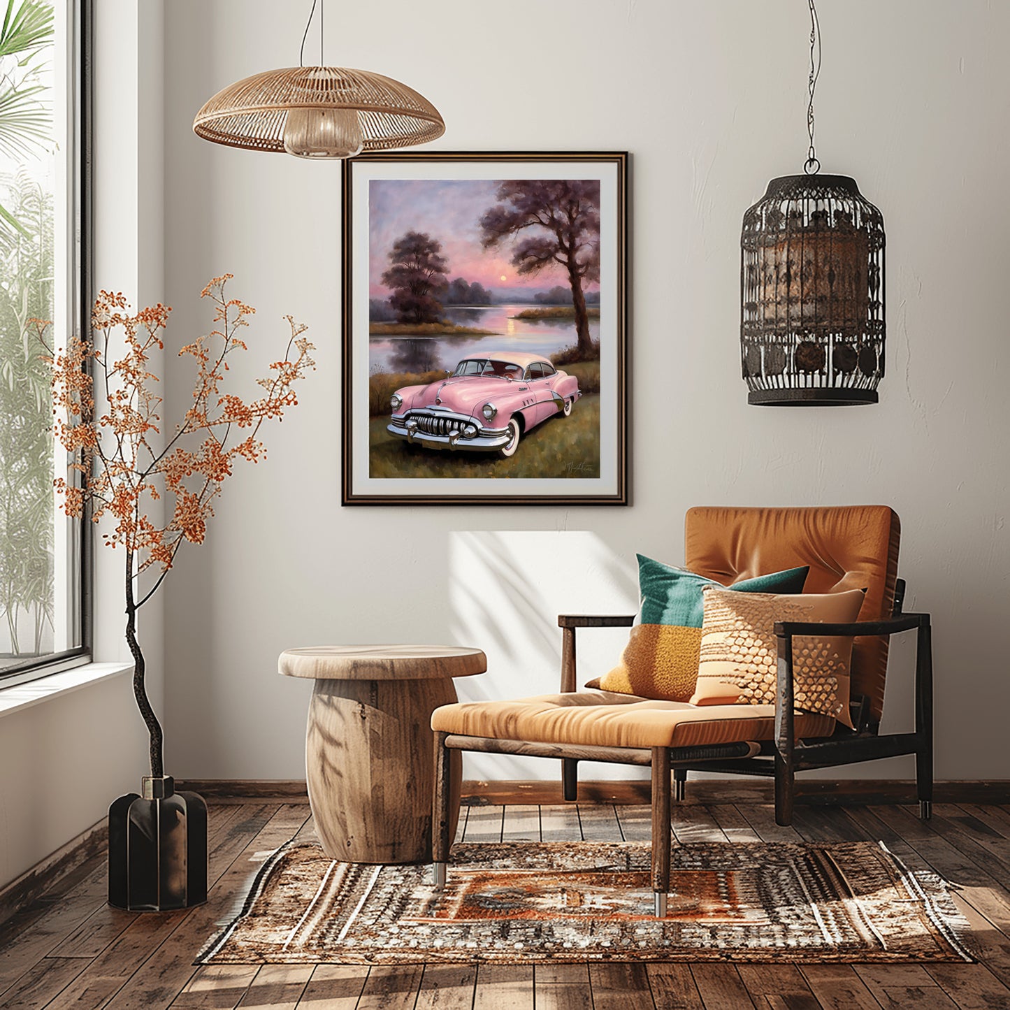 Vintage car wall art framed in modern living room with leather chair and decorative pillows