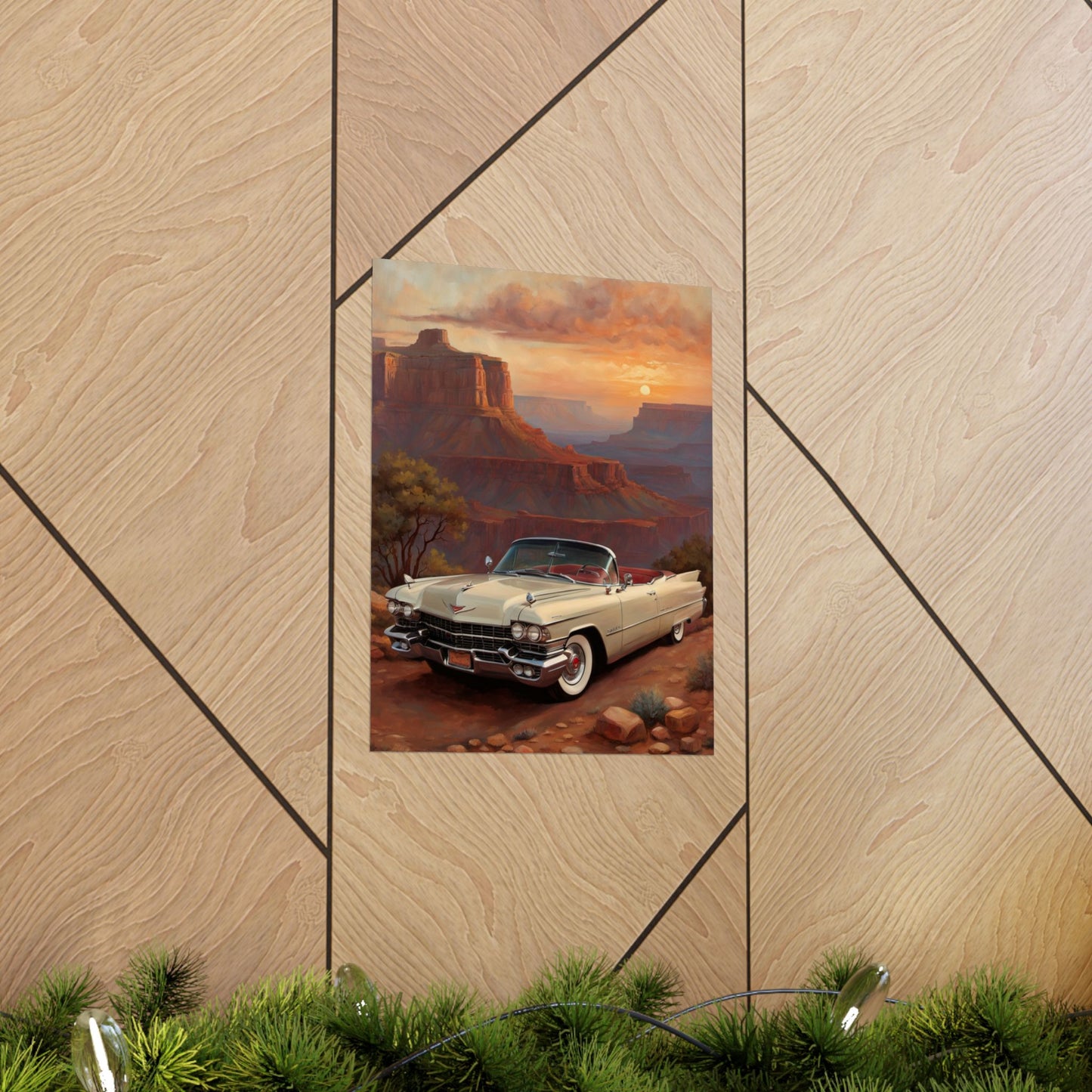 Vintage Car Wall Art Poster featuring a classic car in a scenic landscape at sunset