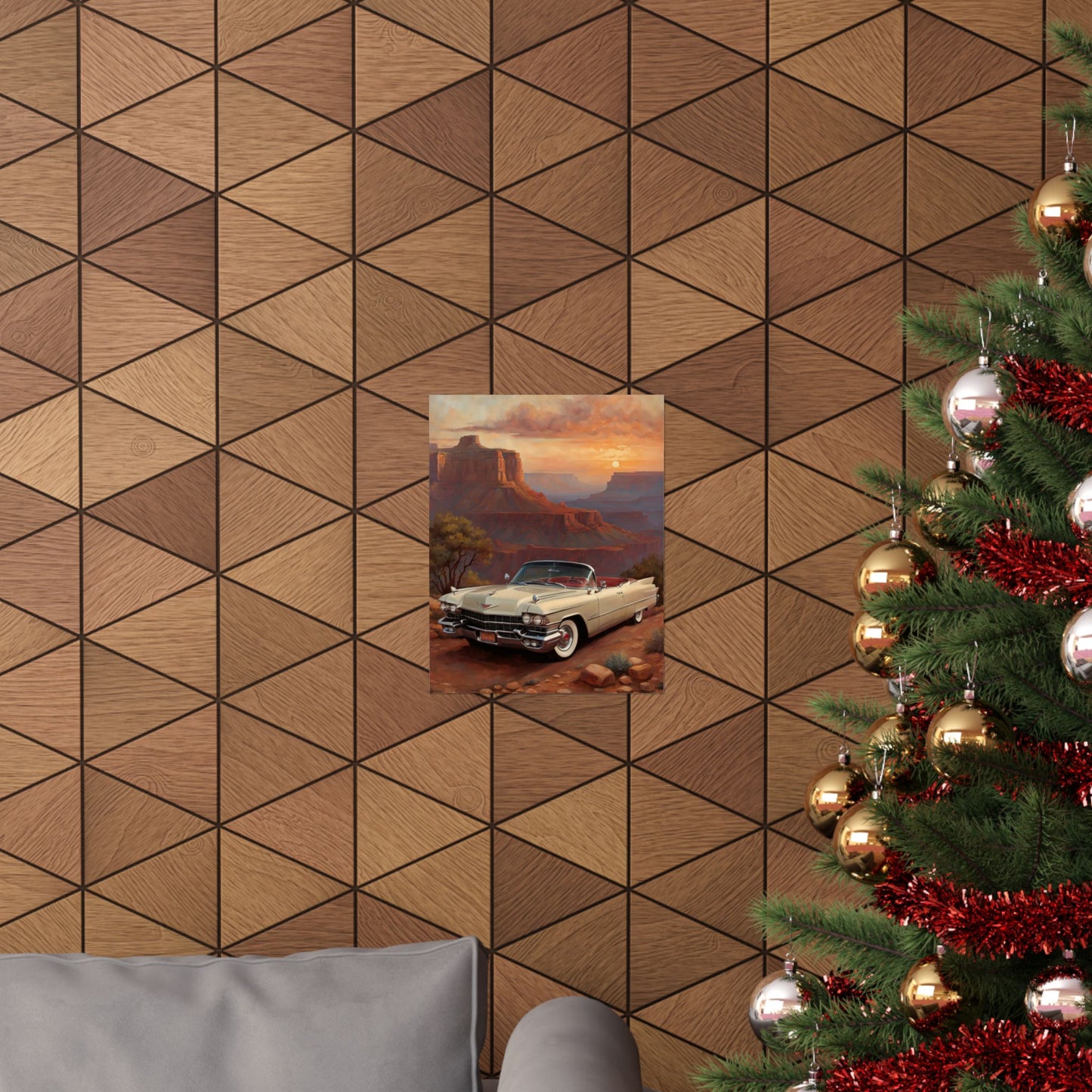 Vintage Car Wall Art Poster displayed on a geometric wooden wall with a green Christmas tree