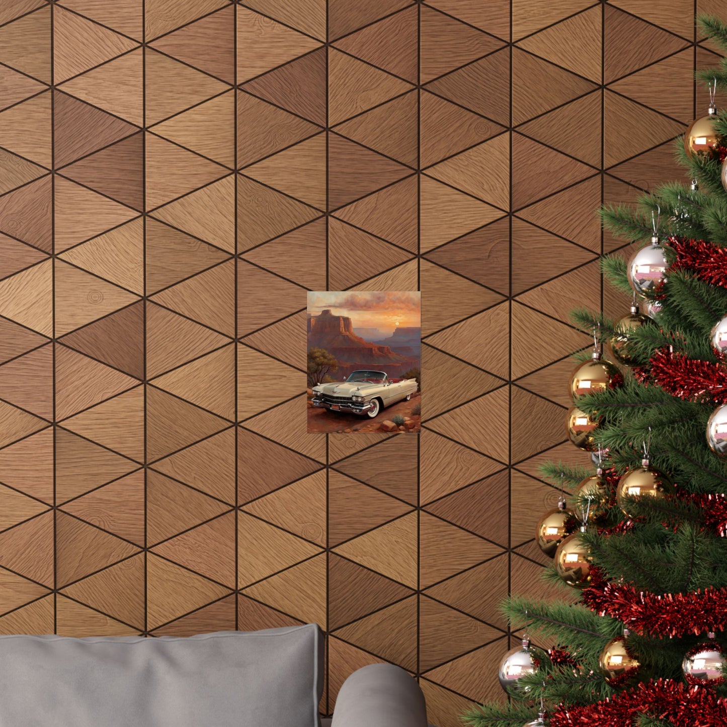 Vintage Car Wall Art Poster displayed on a geometric wood-patterned wall near a decorated Christmas tree