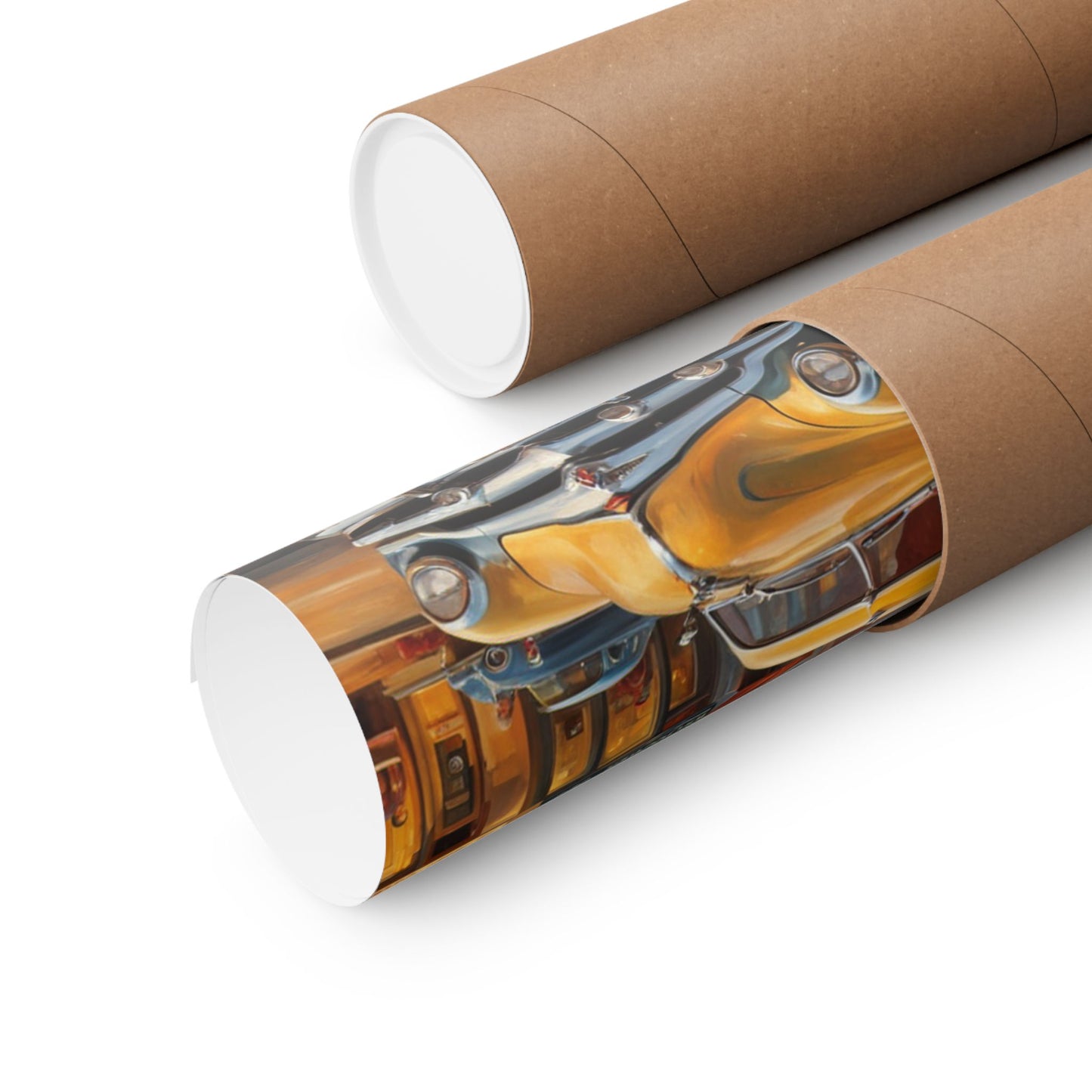 Vintage car wall art print rolled in a tube for easy storage and display