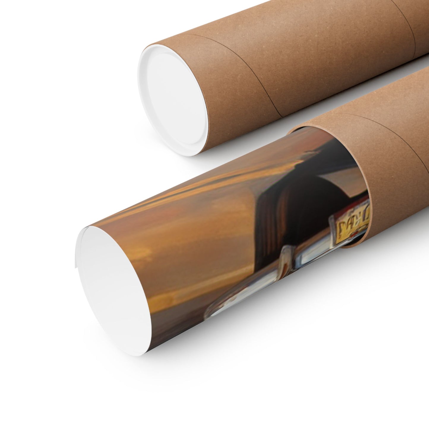 Vintage car wall art print rolled in a protective shipping tube for secure delivery