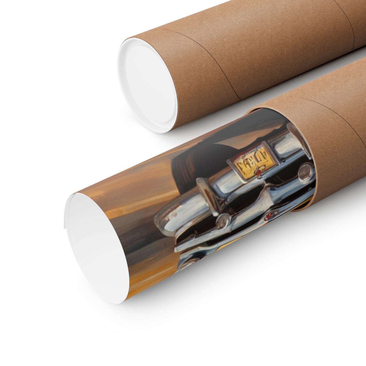 Vintage car wall art print rolled in a protective tube for easy shipping and storage