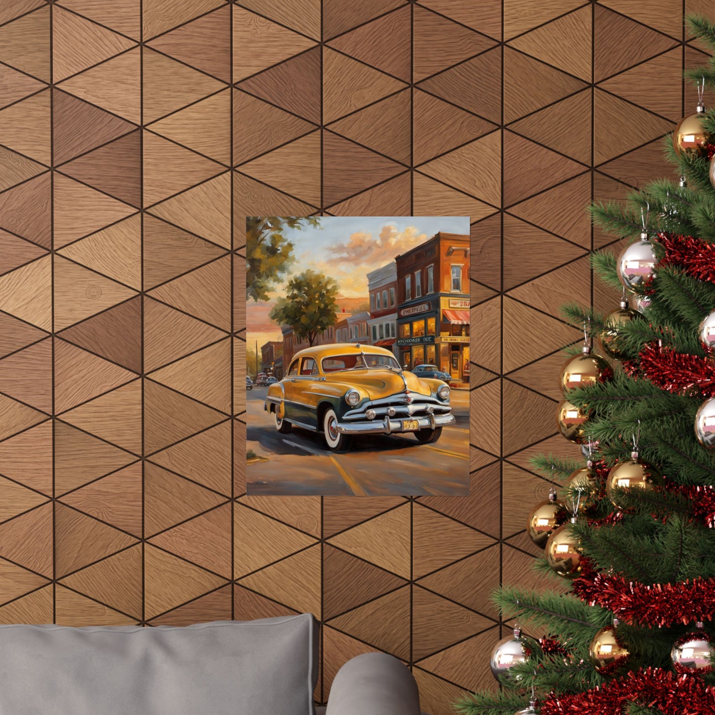 Vintage car wall art print featuring a classic car on a city street, perfectly displayed on a textured wall.