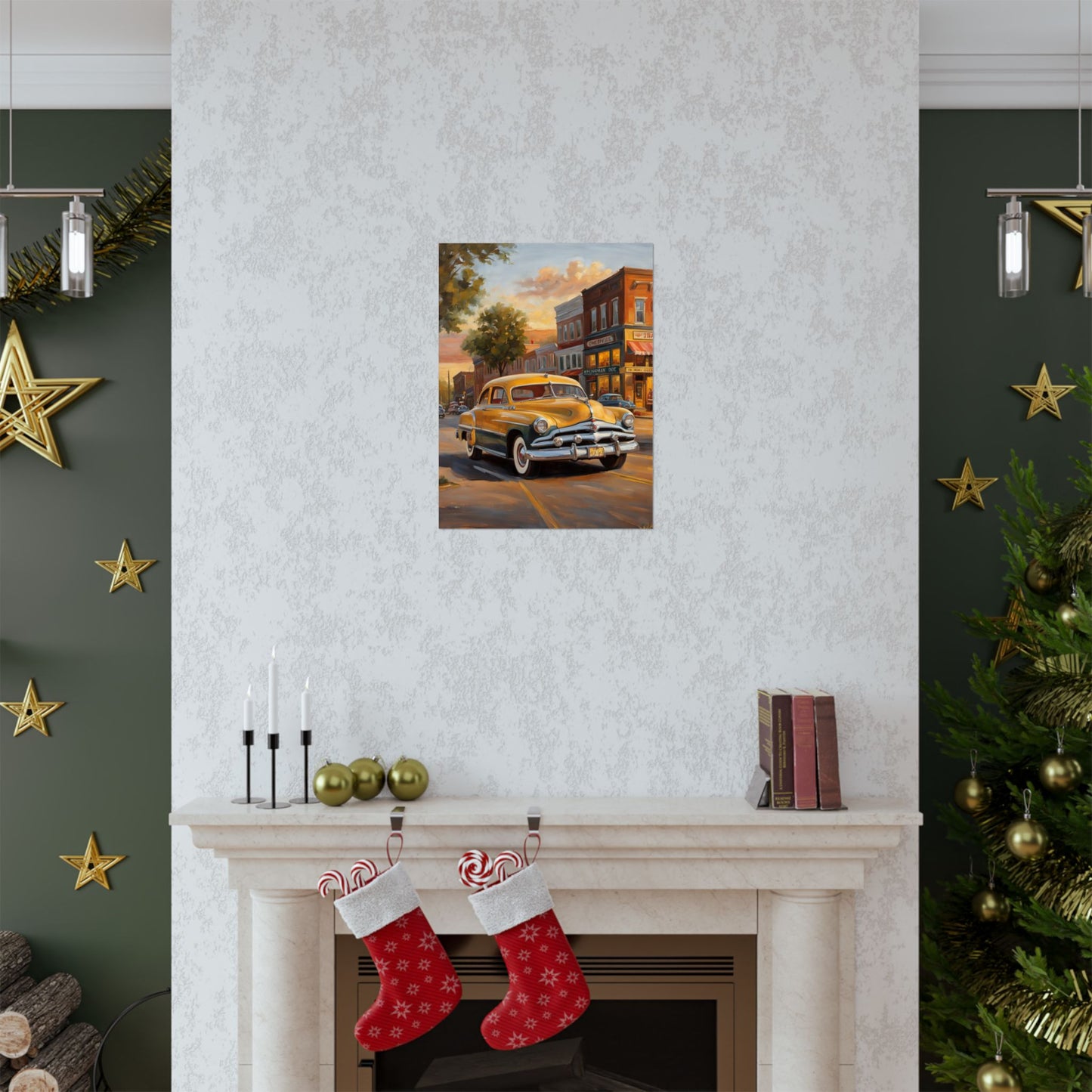 Vintage car wall art print featuring a classic car in a colorful street scene
