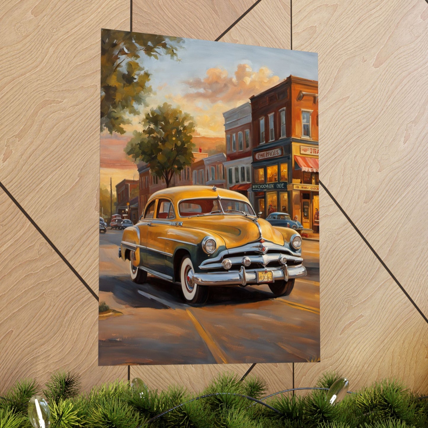 Vintage car wall art print featuring a classic yellow car on a picturesque street scene