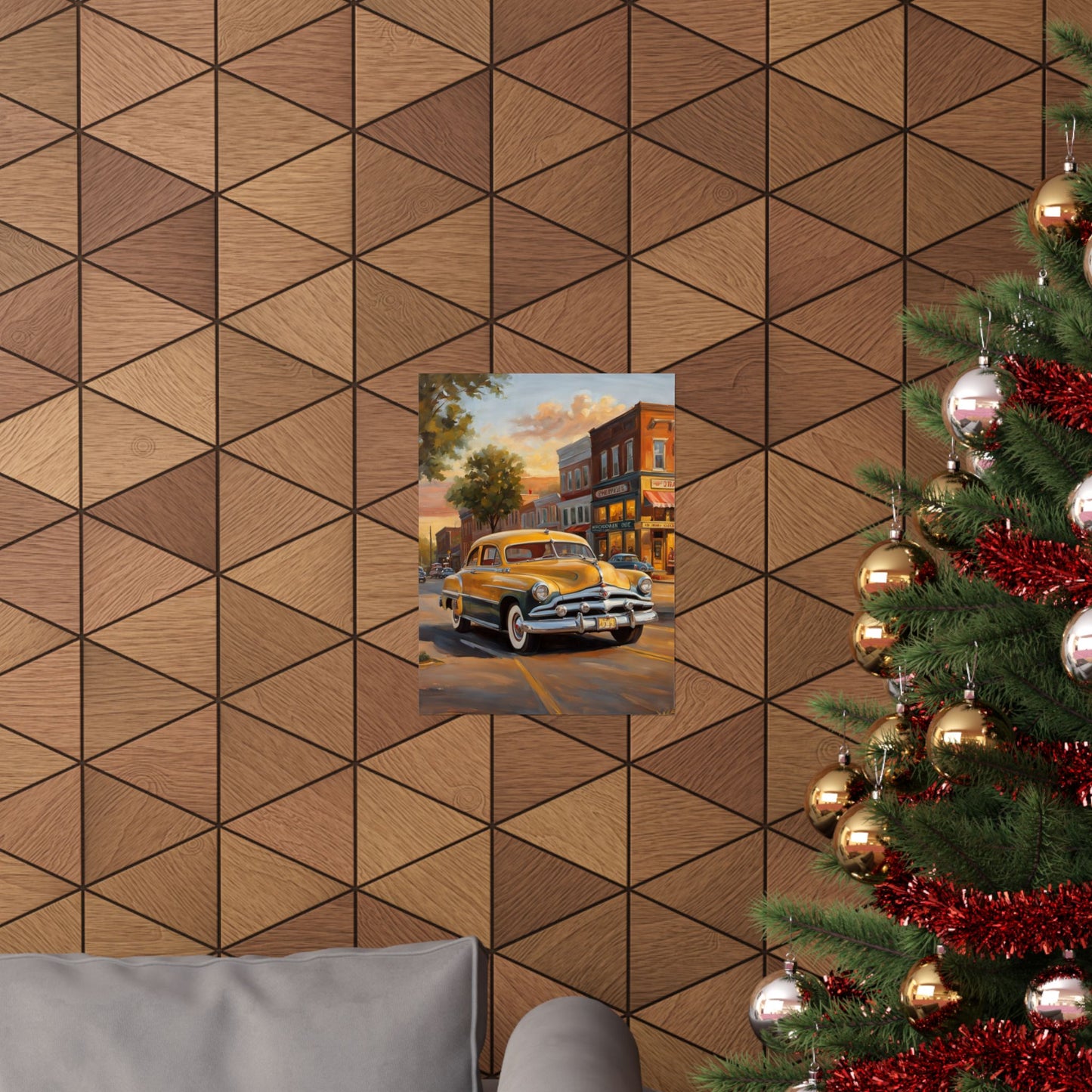 Vintage car wall art print featuring a classic car against a geometric wood wall decor
