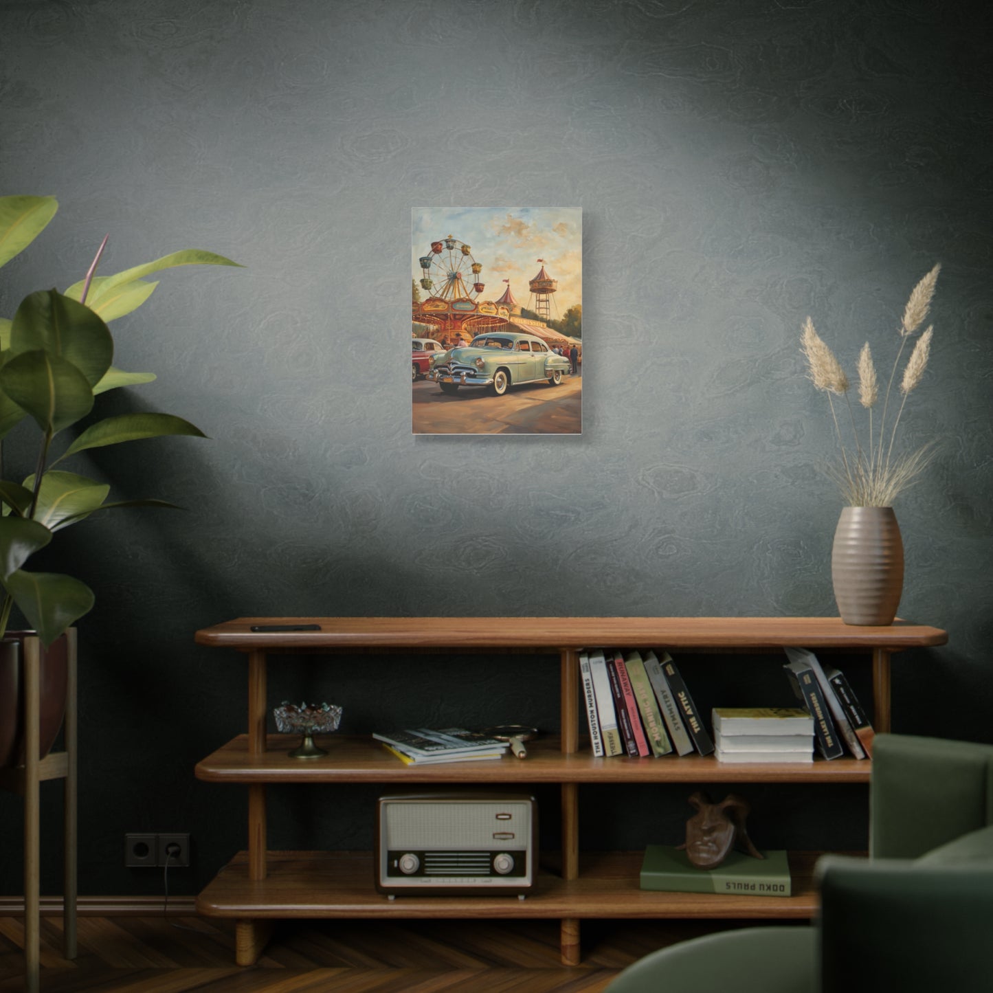 Vintage carnival car art print displayed on a modern wooden shelf with plants and decor