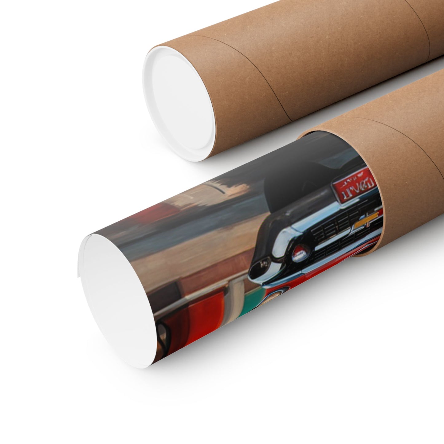 Classic car poster for home rolled up in a protective tube for easy storage and display