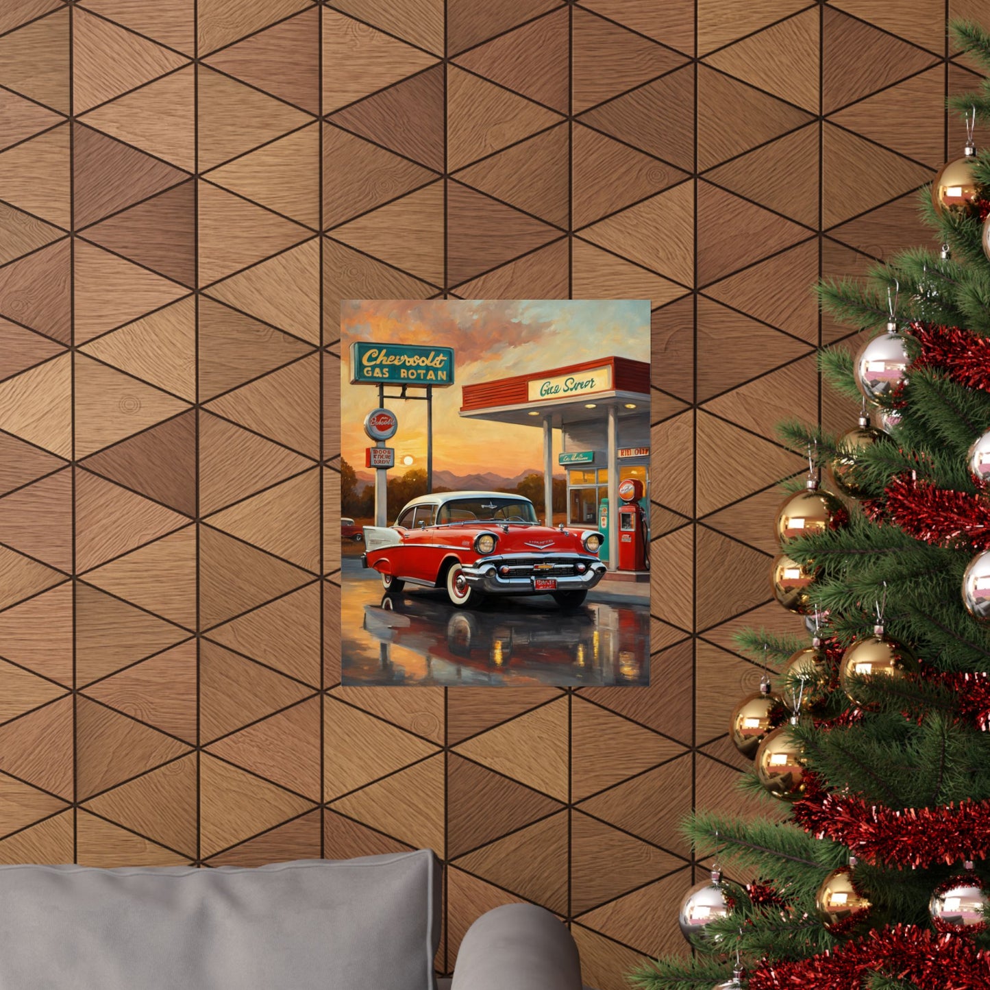Classic car poster for home featuring a vintage Chevrolet at a retro gas station