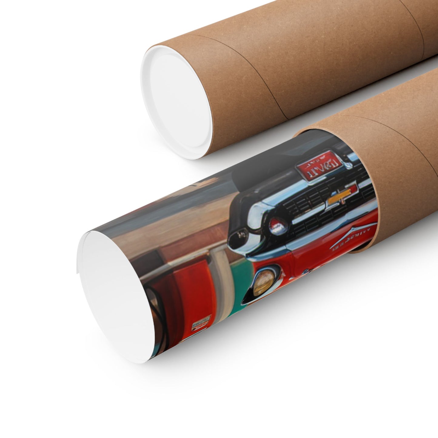 Classic car poster for home rolled up in a kraft tube ready for display