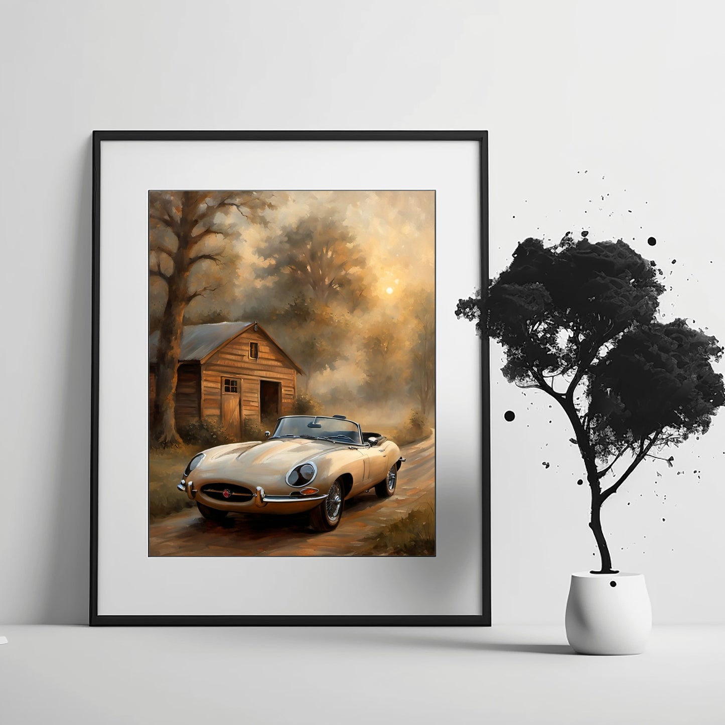 Framed vintage countryside oil painting featuring a classic convertible car and rustic barn in soft sunlight