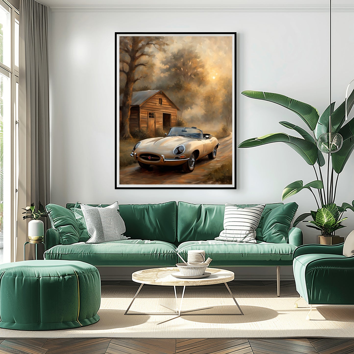 Vintage countryside oil painting of classic car near rustic cabin on wall above green sofa