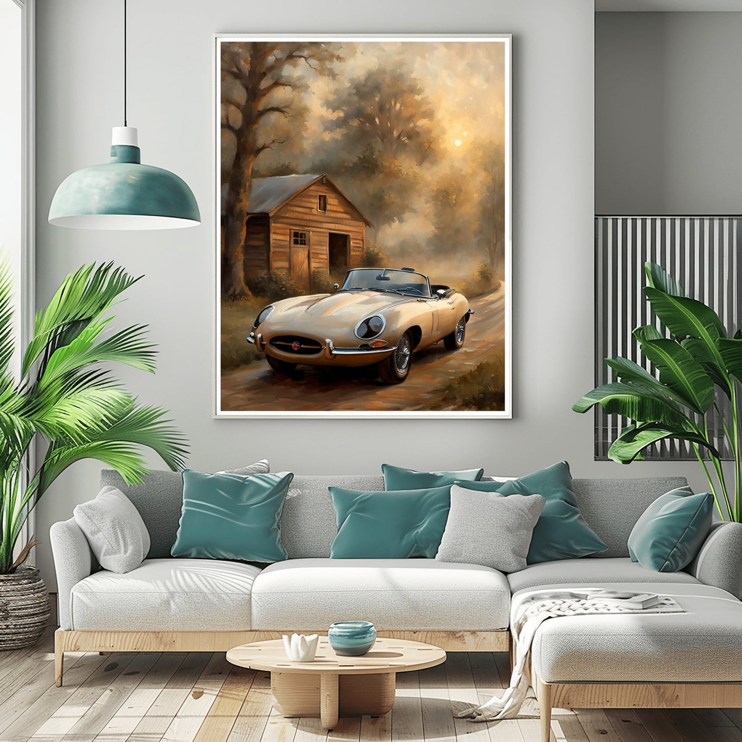 Vintage countryside oil painting by AquilVision featuring a classic car parked near a wooden cabin in a misty forest