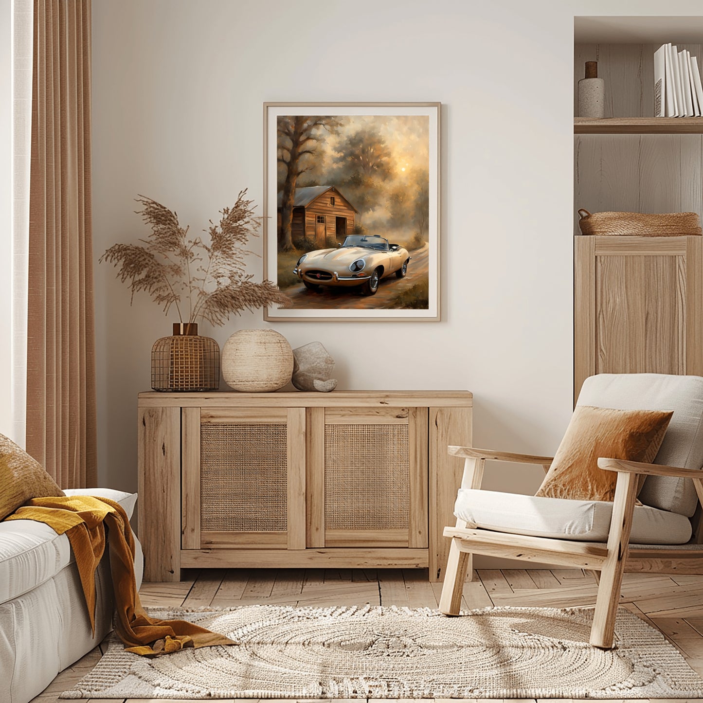 Vintage countryside oil painting digital art by AquilVision displayed in cozy living room with rustic decor and neutral tones
