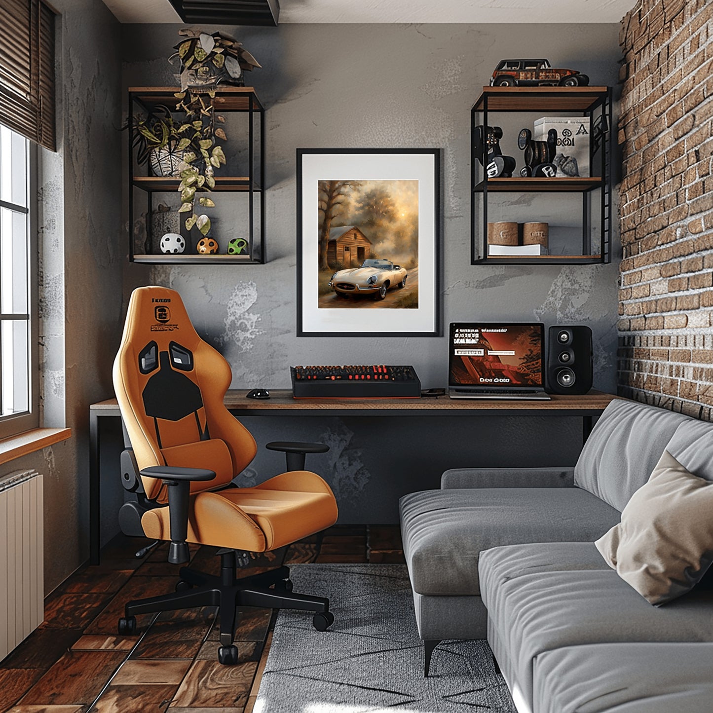 Modern living room with gray sofa and gaming chair featuring vintage countryside oil painting by AquilVision on wall