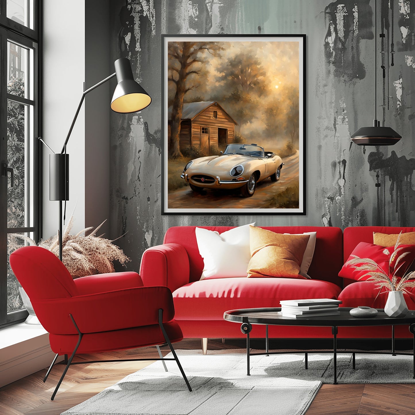 Vintage countryside oil painting of a classic car and rustic barn displayed in modern living room