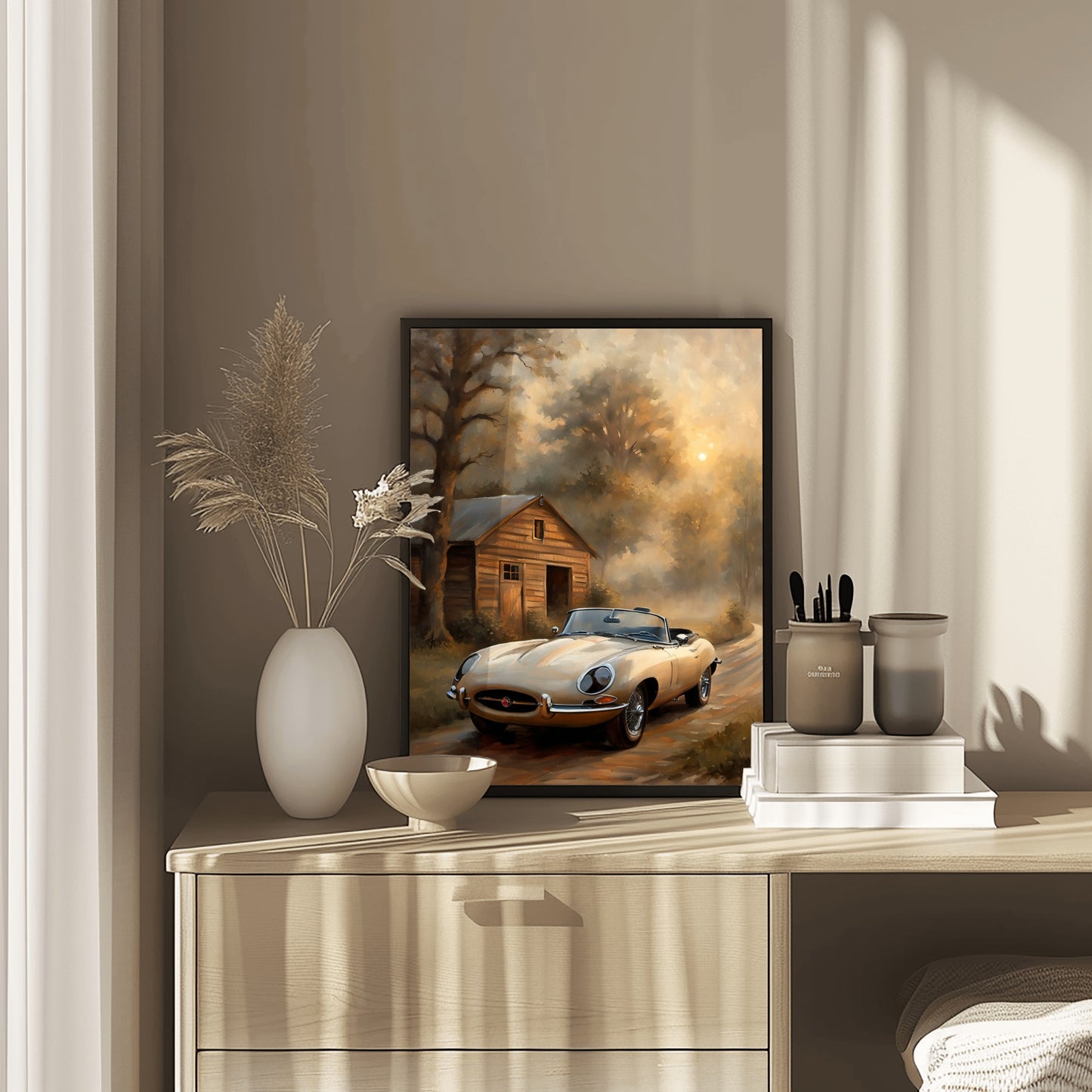 Vintage countryside oil painting digital art showing a classic car near a rustic cabin by AquilVision