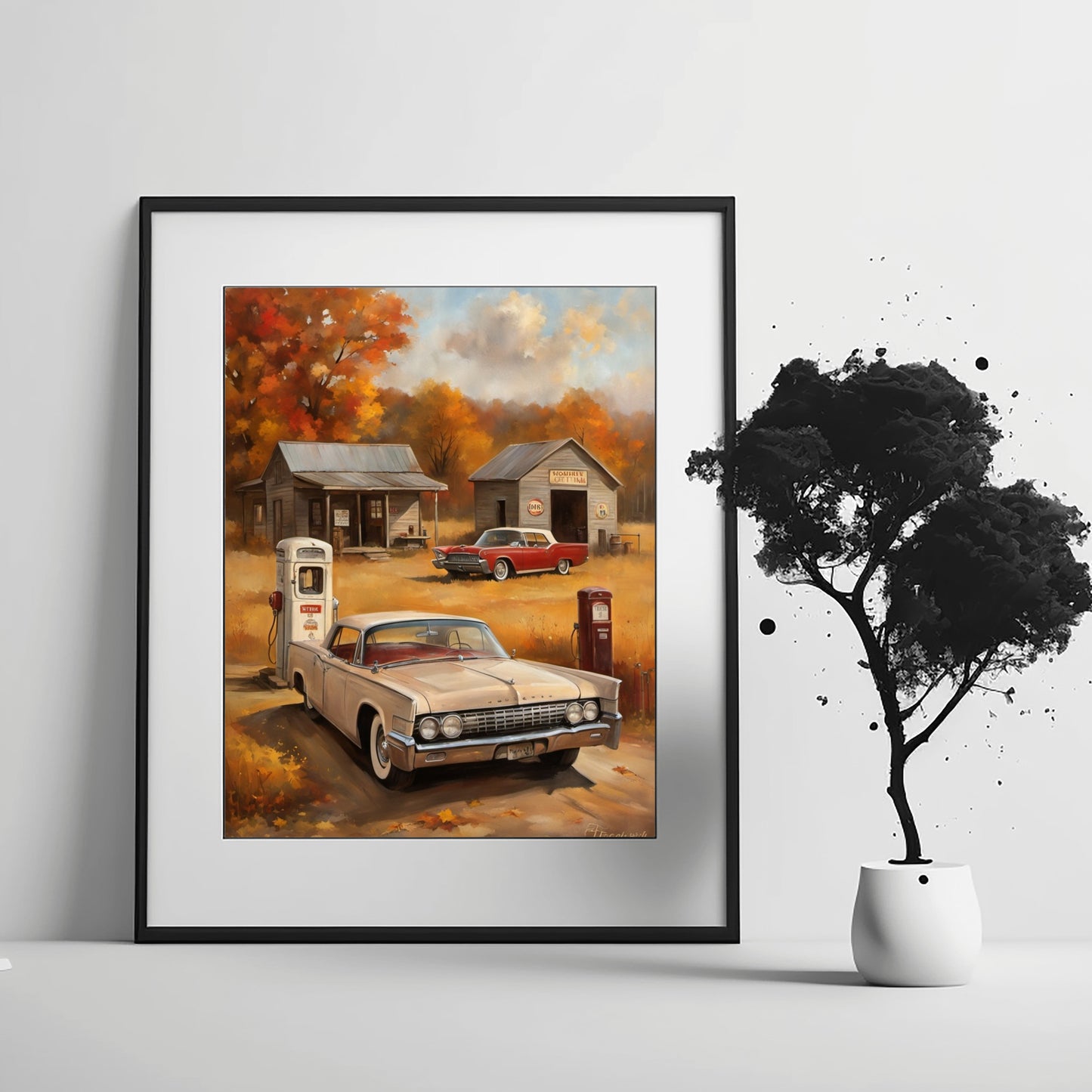 Framed digital print of vintage gas station artwork featuring classic cars and autumn scenery by AquilVision