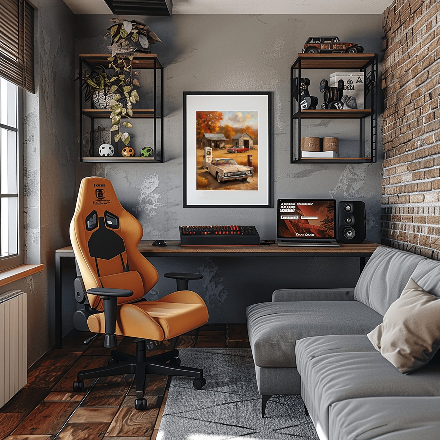 Vintage gas station artwork framed on wall in modern home office with gaming chair and desk setup