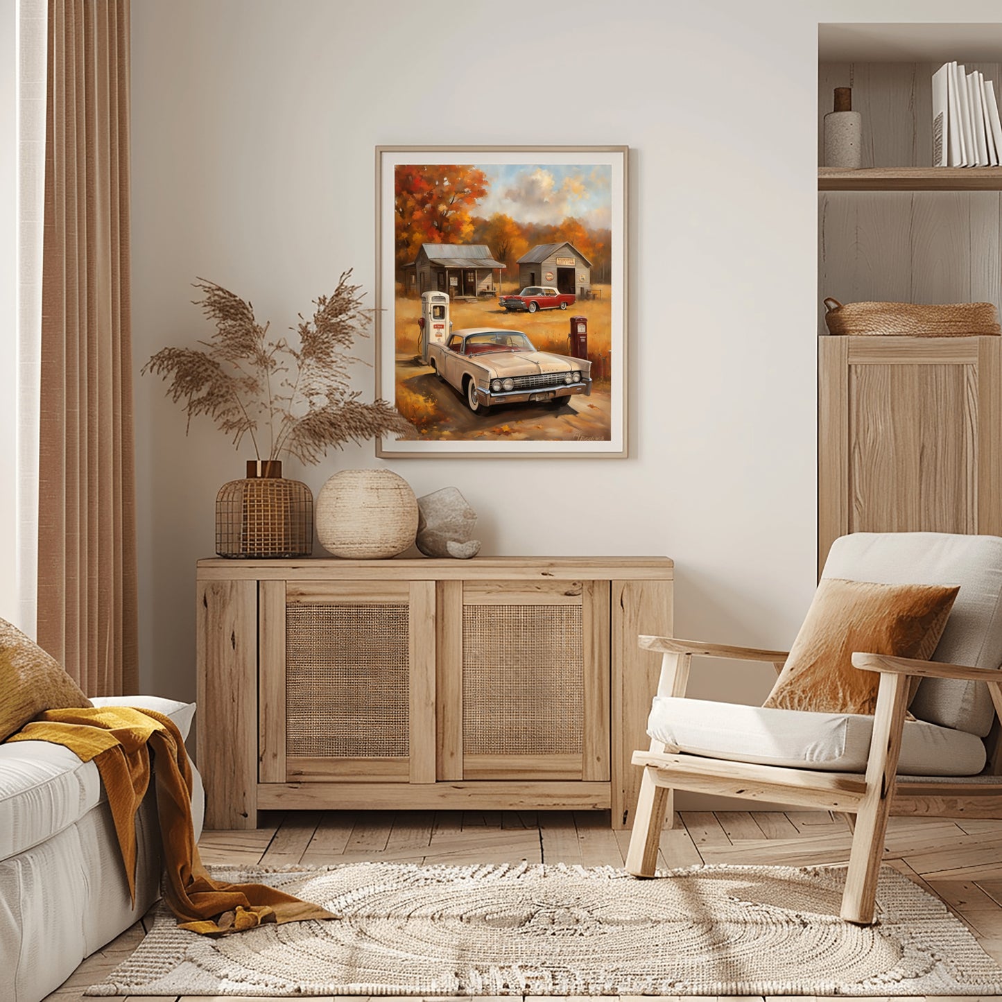 Vintage gas station artwork by AquilVision framed and hung above wooden cabinet in cozy living room