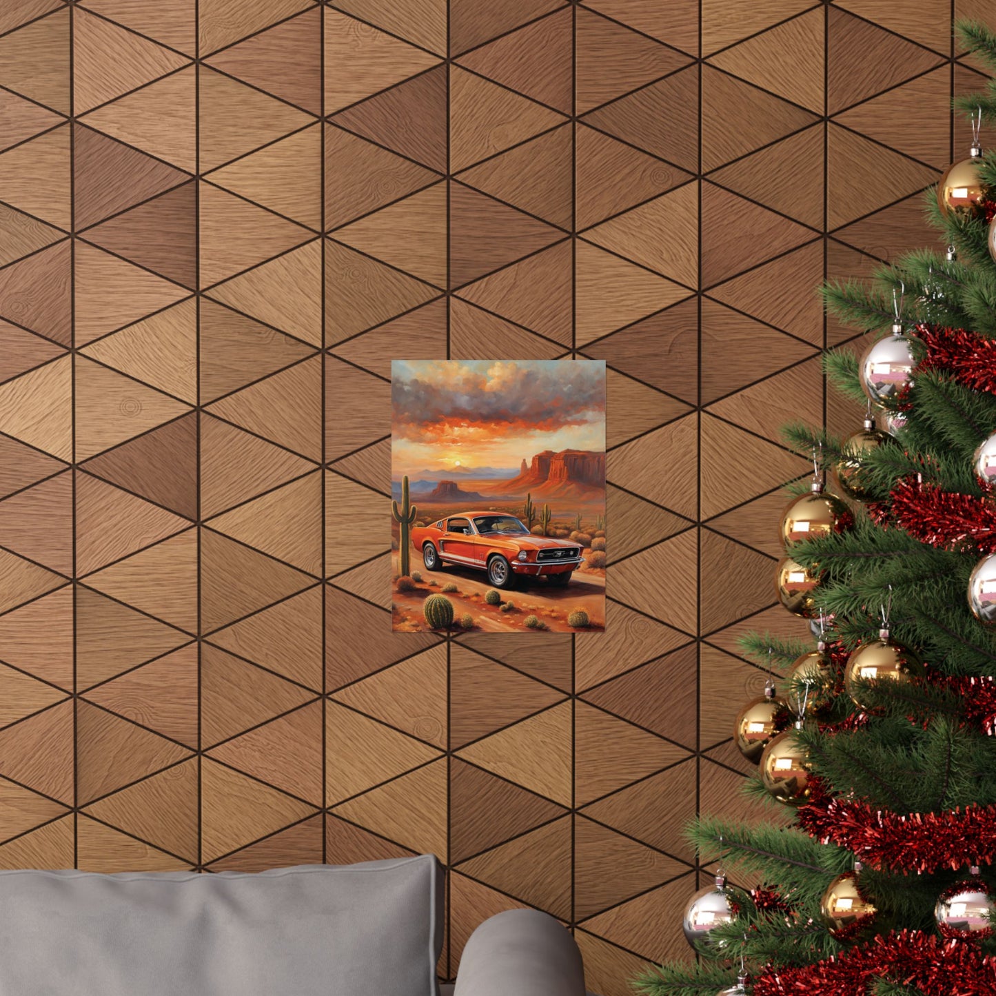 Vintage muscle car art print displayed on a wooden geometric wall with a Christmas tree nearby