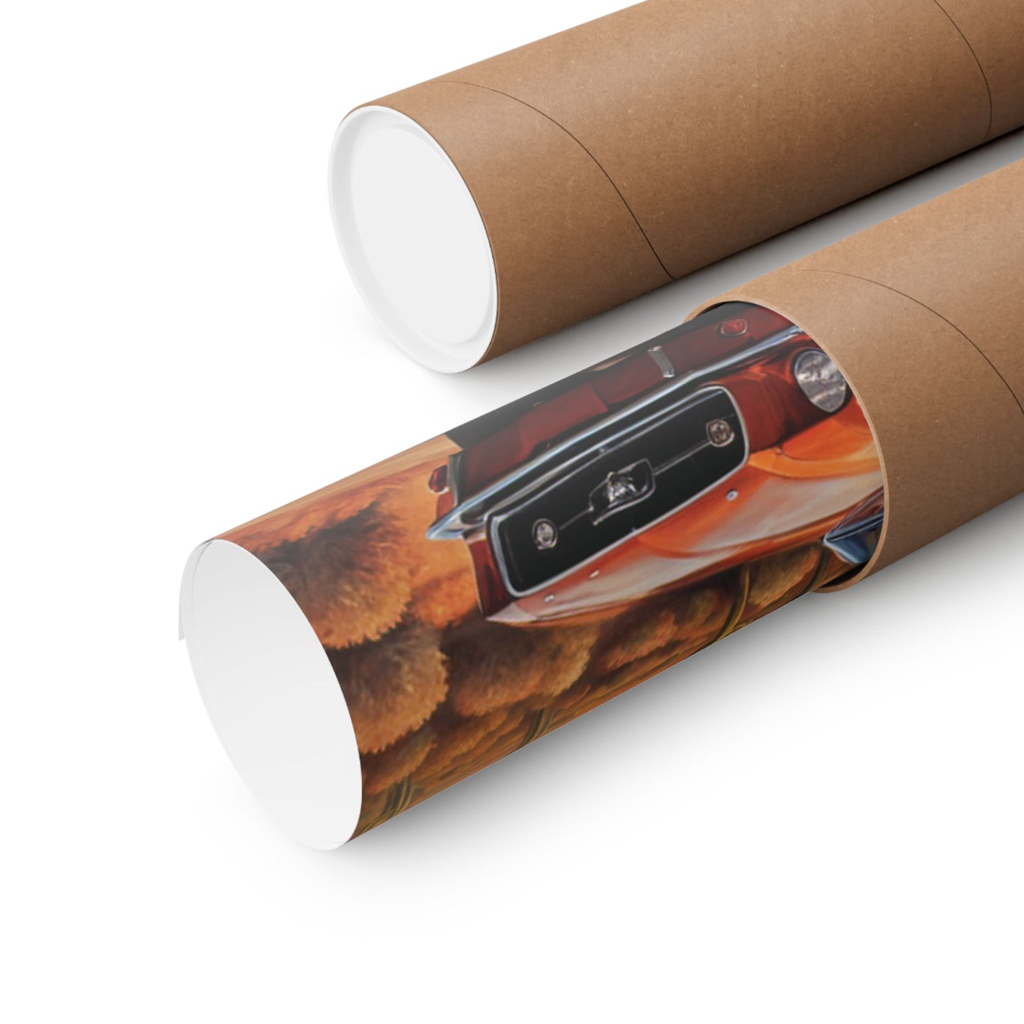 Vintage muscle car art print rolled in a protective cardboard tube for safe shipping
