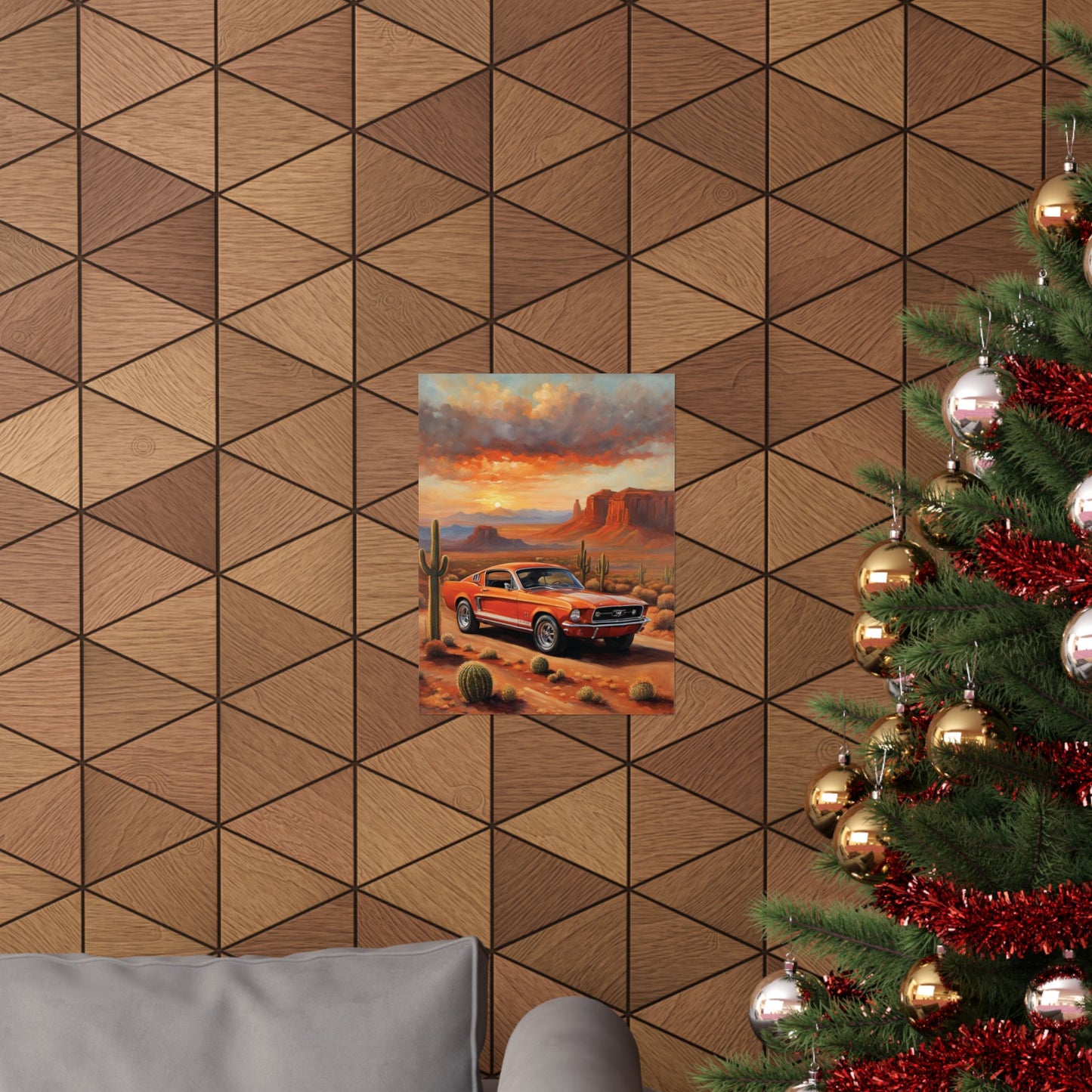 Vintage muscle car art print on a wall featuring a desert landscape and warm colors