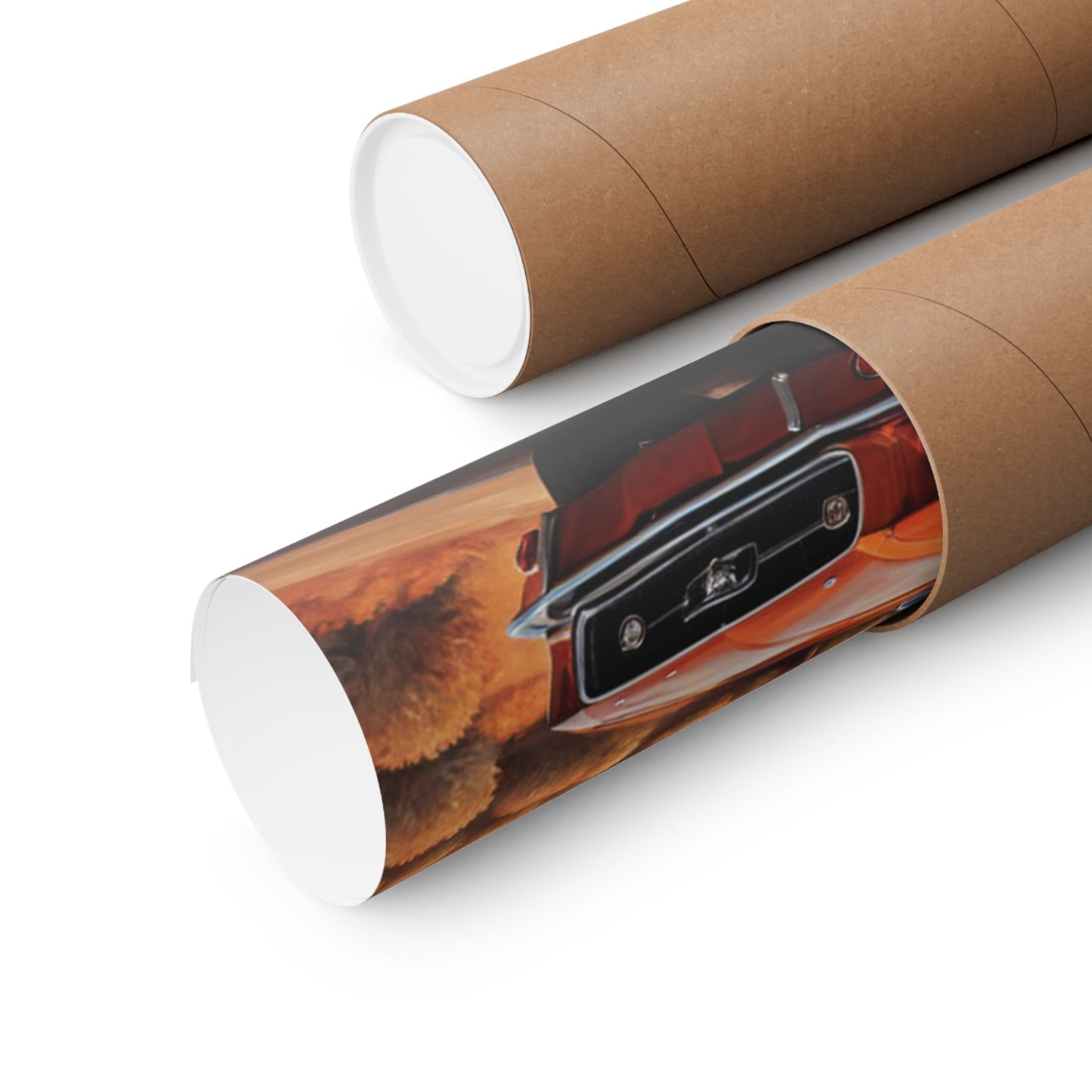 Vintage muscle car art print rolled in protective tube, showcasing iconic automotive design