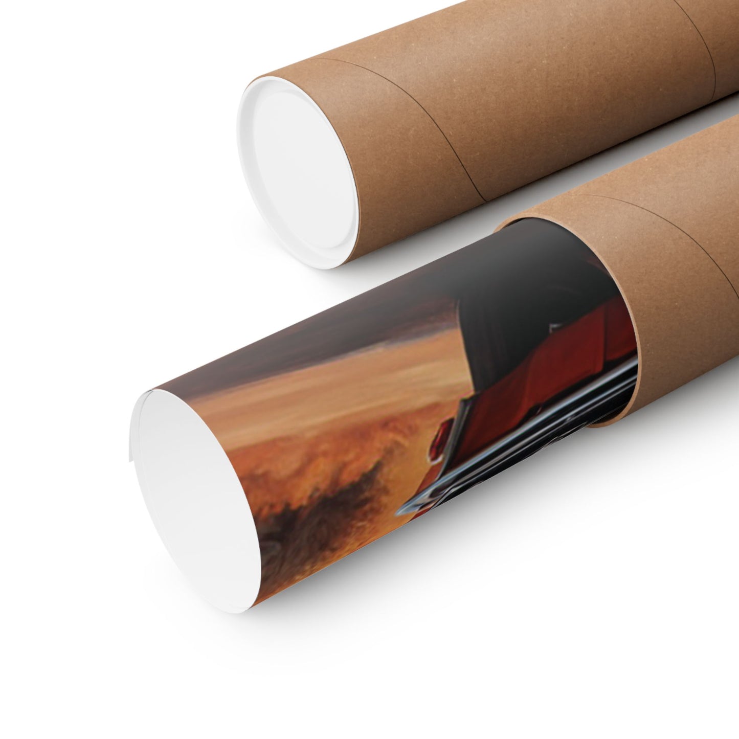 Vintage muscle car art print rolled in a protective tube for easy transport and storage