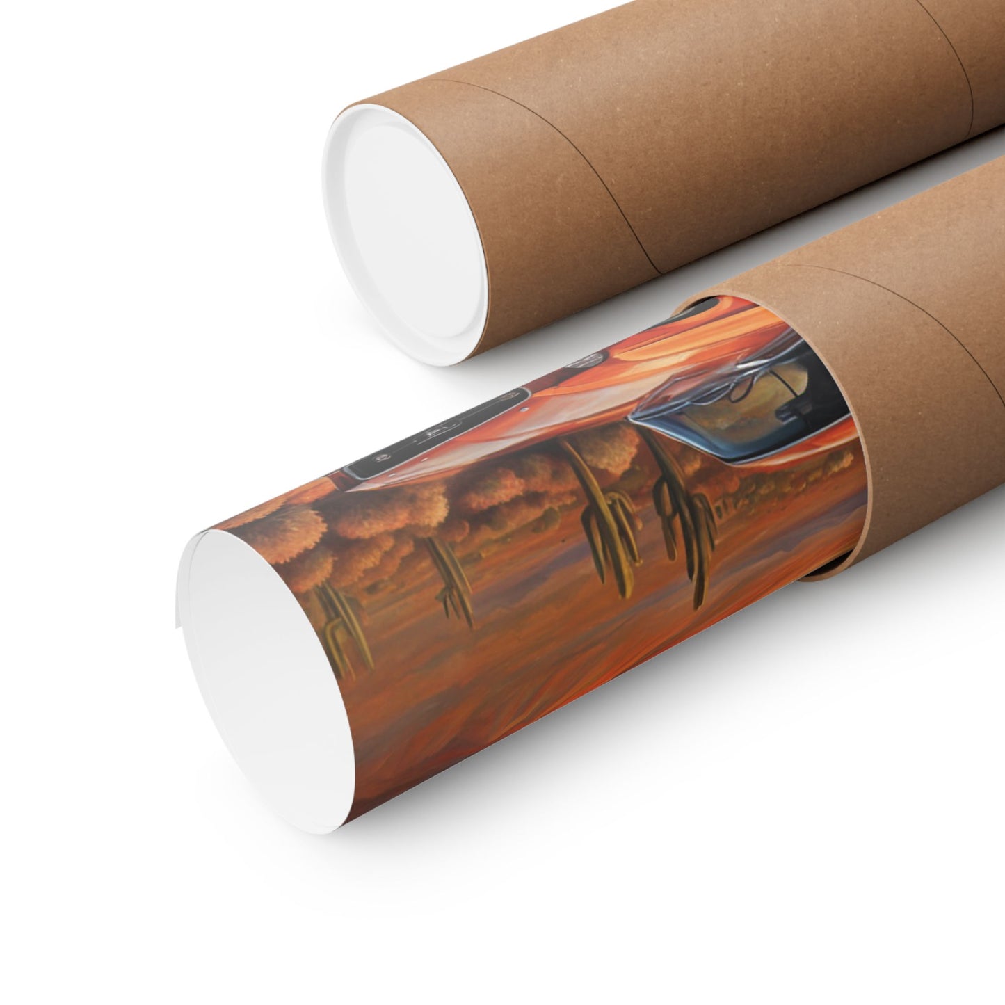 Vintage muscle car art print displayed on a rolled poster tube for easy shipping and storage