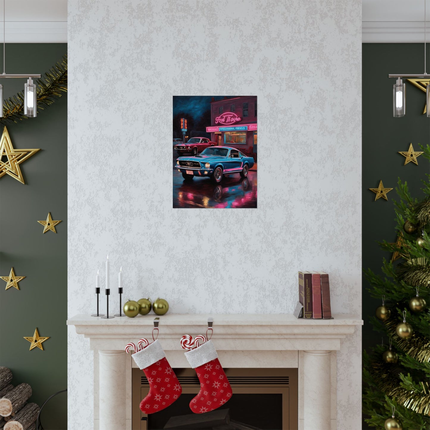 Vintage muscle car wall art displayed on a living room wall above a fireplace with holiday decor