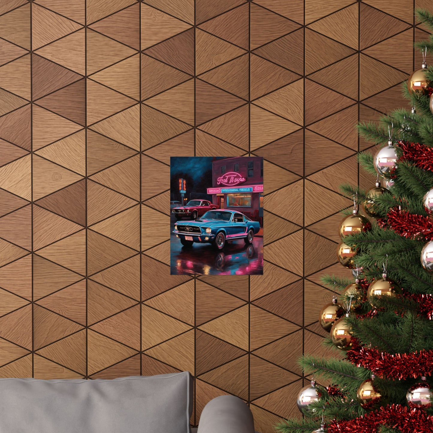 Vintage muscle car wall art featuring a classic car in a colorful urban scene on a stylish wall