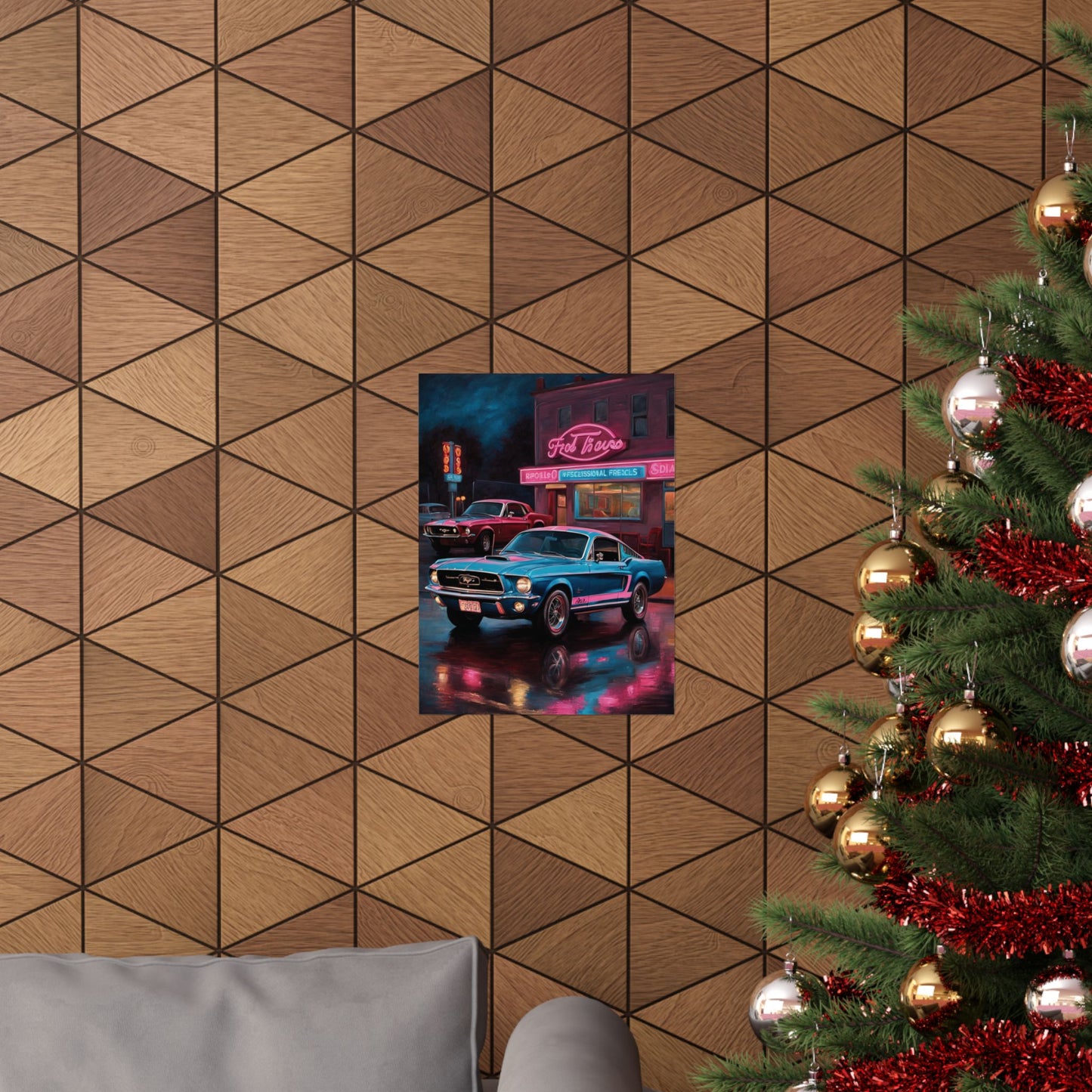 Vintage muscle car wall art displayed on a geometric patterned wall with a Christmas tree nearby