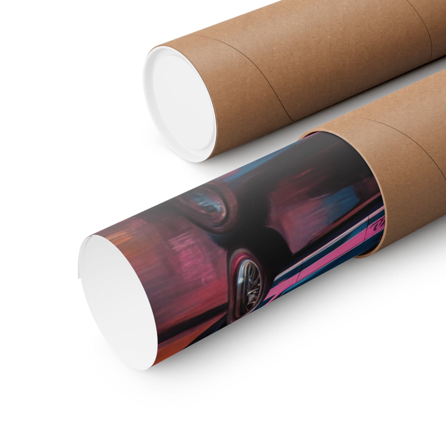 Vintage muscle car wall art poster rolled in a protective tube for easy storage and display