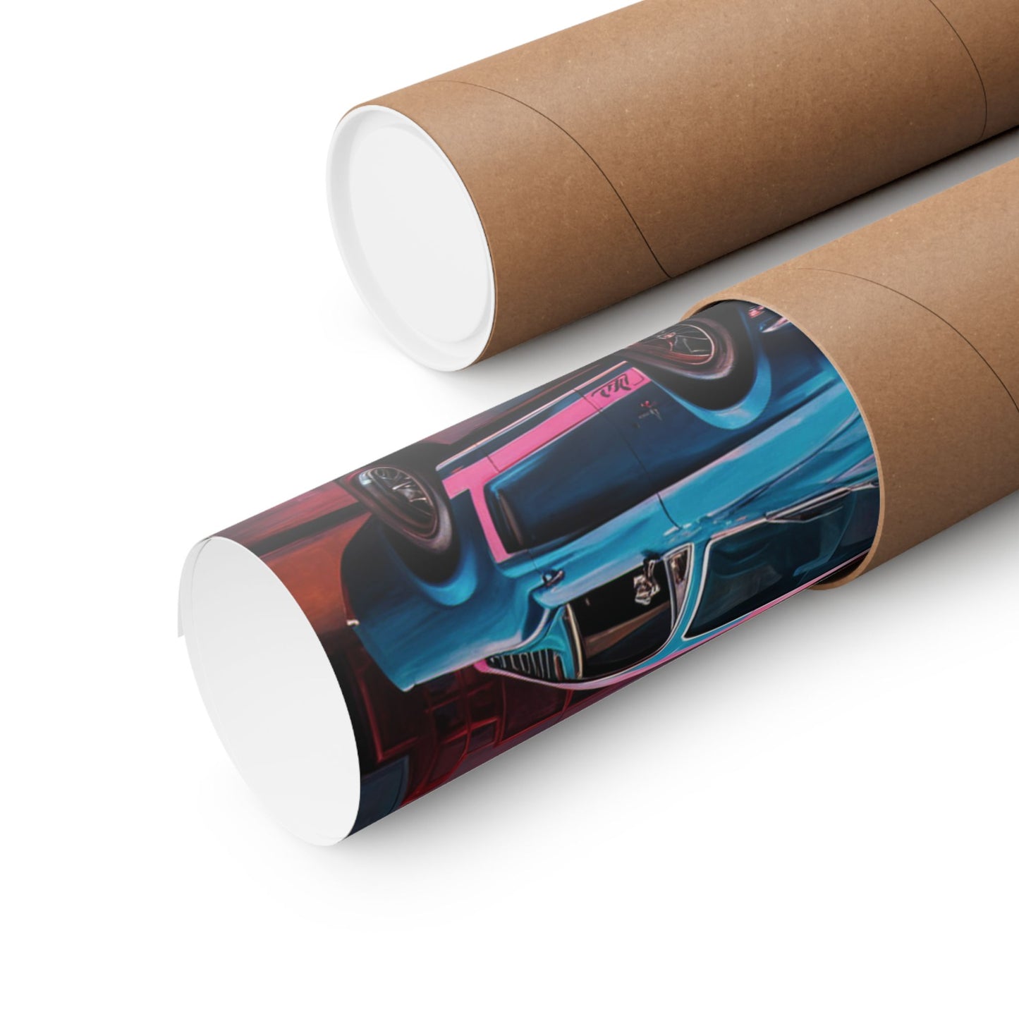 Retro muscle car wall art poster rolled in a protective tube for easy storage and display