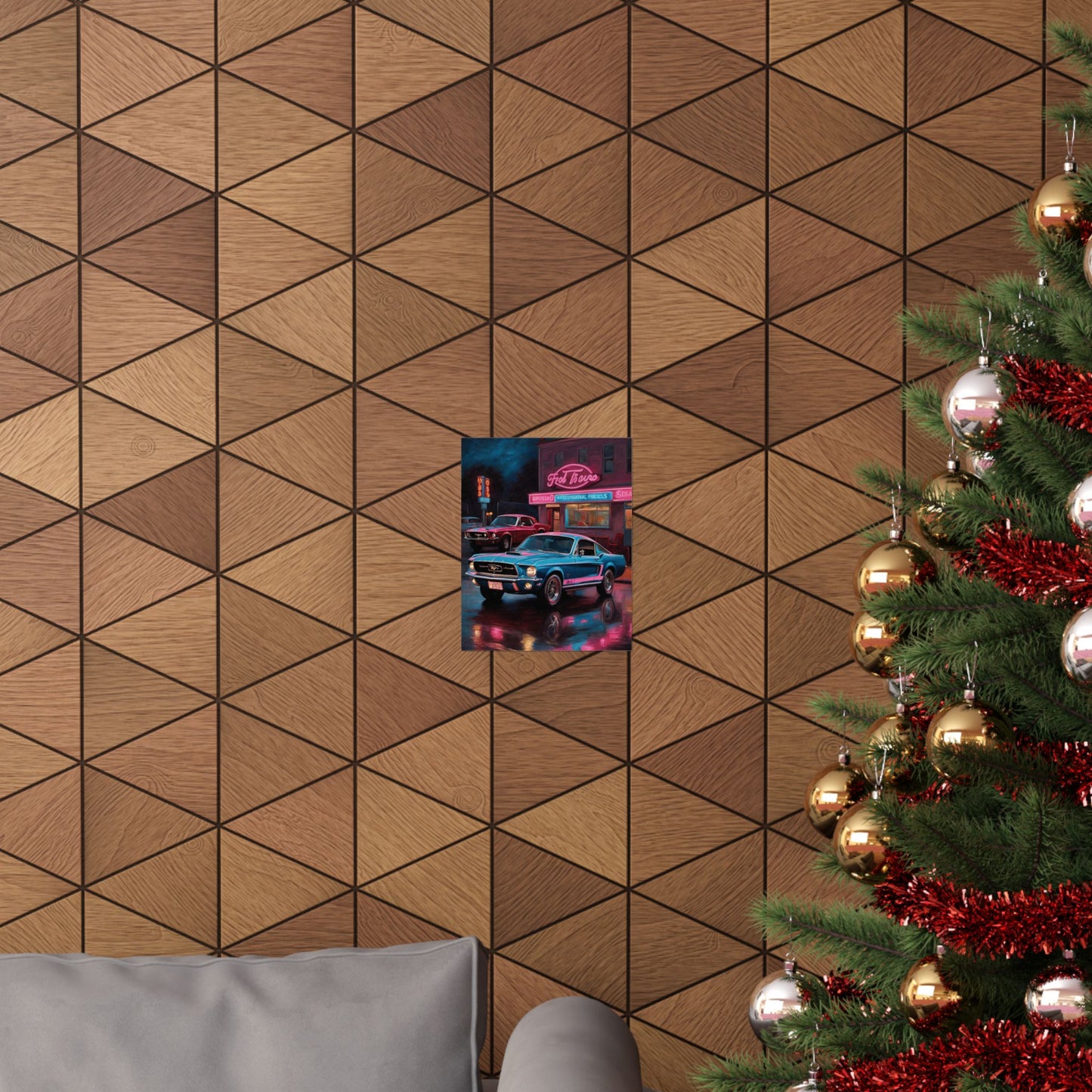 Vintage muscle car wall art displayed on geometric wooden wall with a Christmas tree nearby