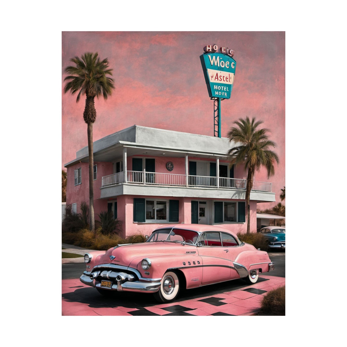 Vintage Retro Travel Poster featuring a classic pink car in front of a pastel hotel with palm trees