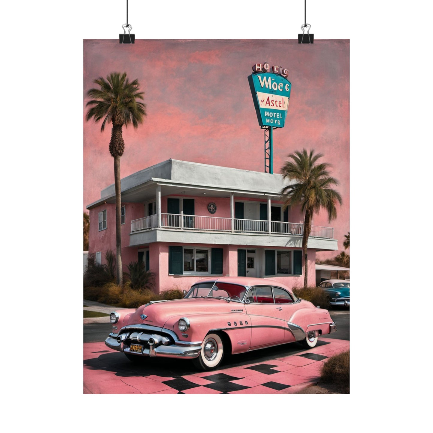 Vintage Retro Travel Poster featuring a pink classic car outside a hotel with palm trees