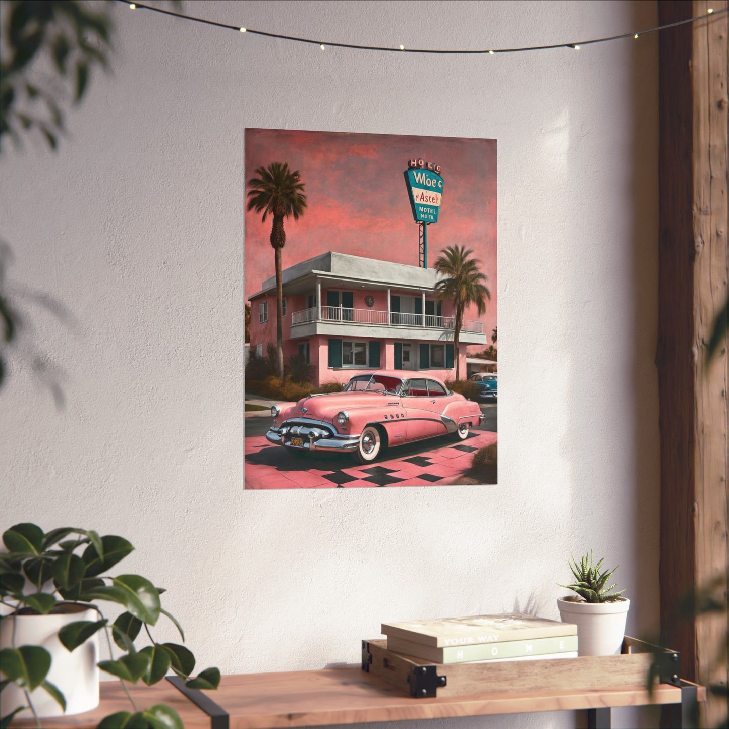 Vintage Retro Travel Poster featuring a classic pink car parked in front of a tropical diner