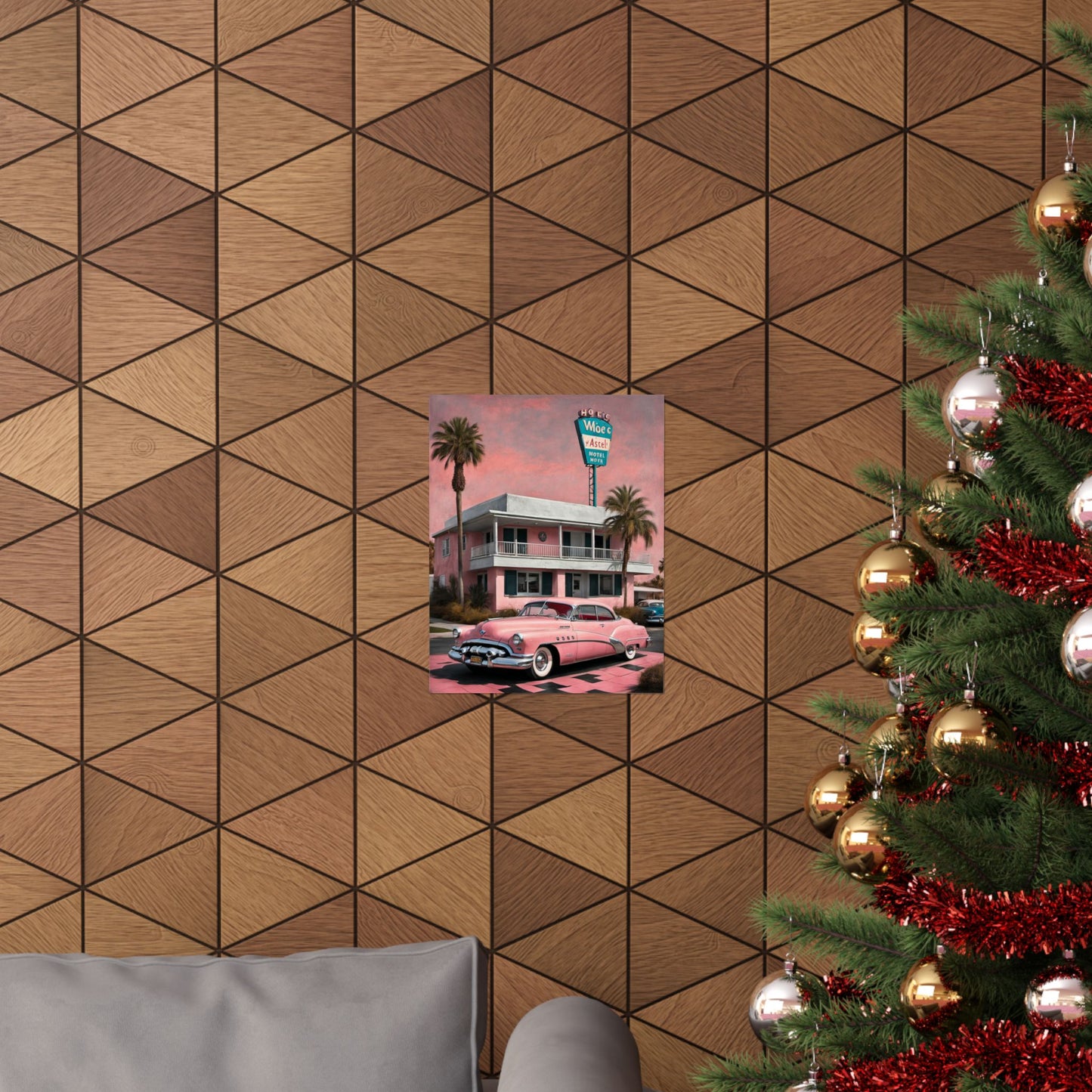 Vintage Retro Travel Poster featuring a classic pink car and palm trees against a geometric wall design