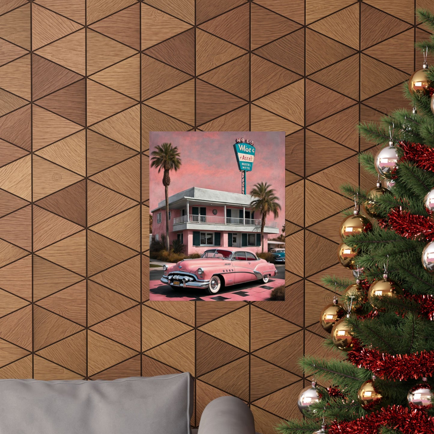 Vintage Retro Travel Poster featuring a classic pink car and palm trees in a nostalgic setting